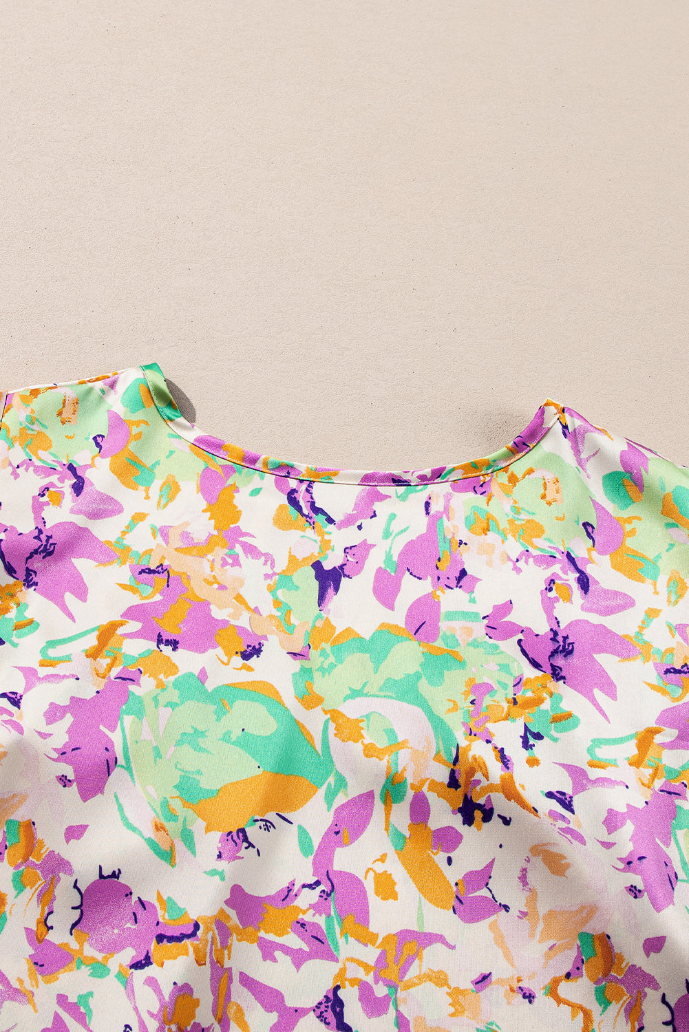 Purple Abstract Printed Ruffled Short Sleeve Notched Neck Blouse eAura