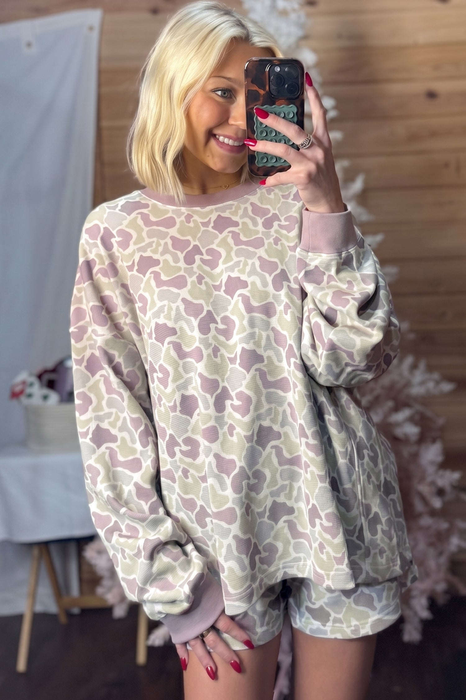 Camouflage Waffle Knit Long Sleeve Top Casual Shorts Set – Green