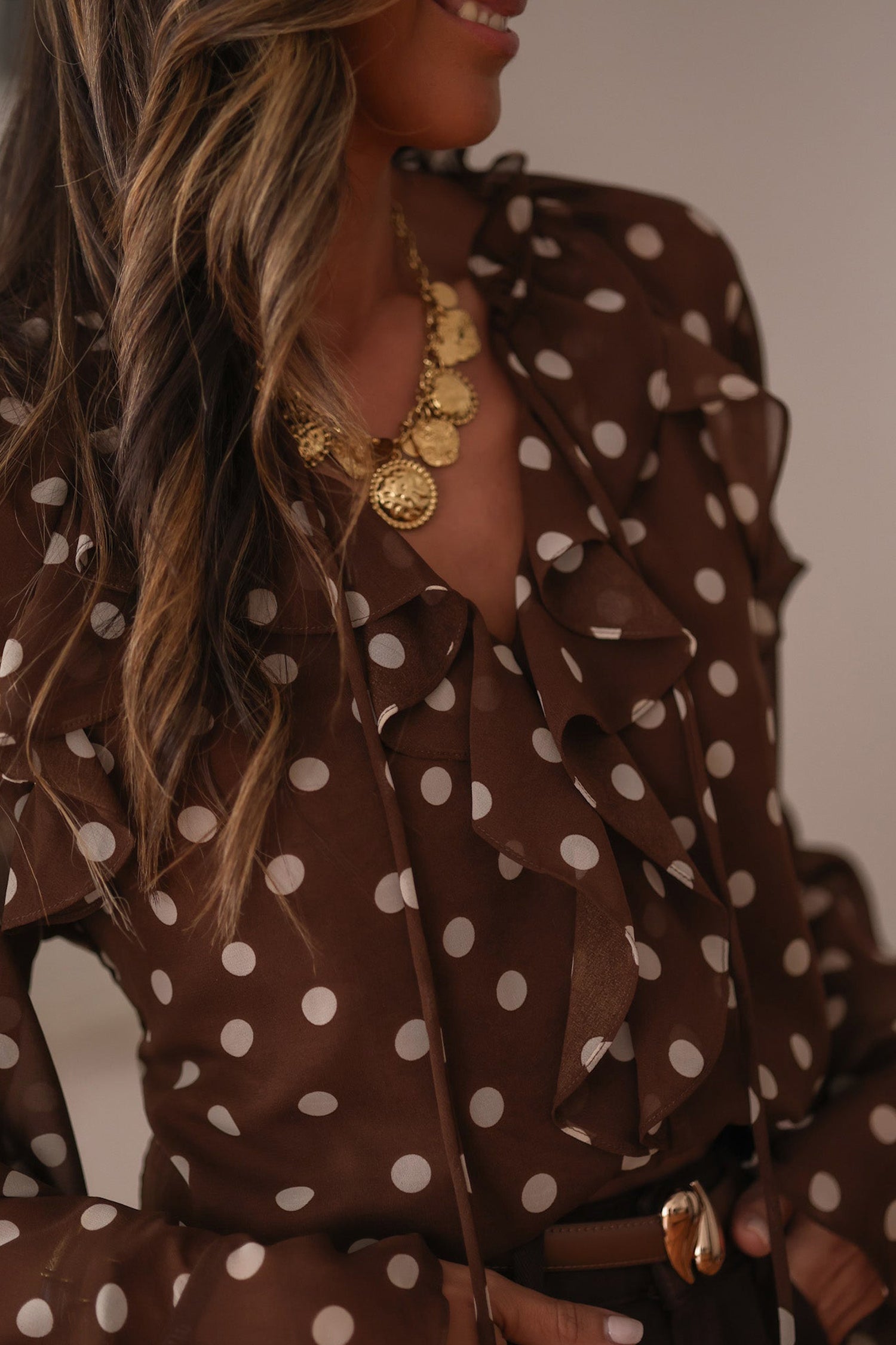 Polka Dot Print Ruffle Trim V-Neck Long Bell Sleeve Blouse