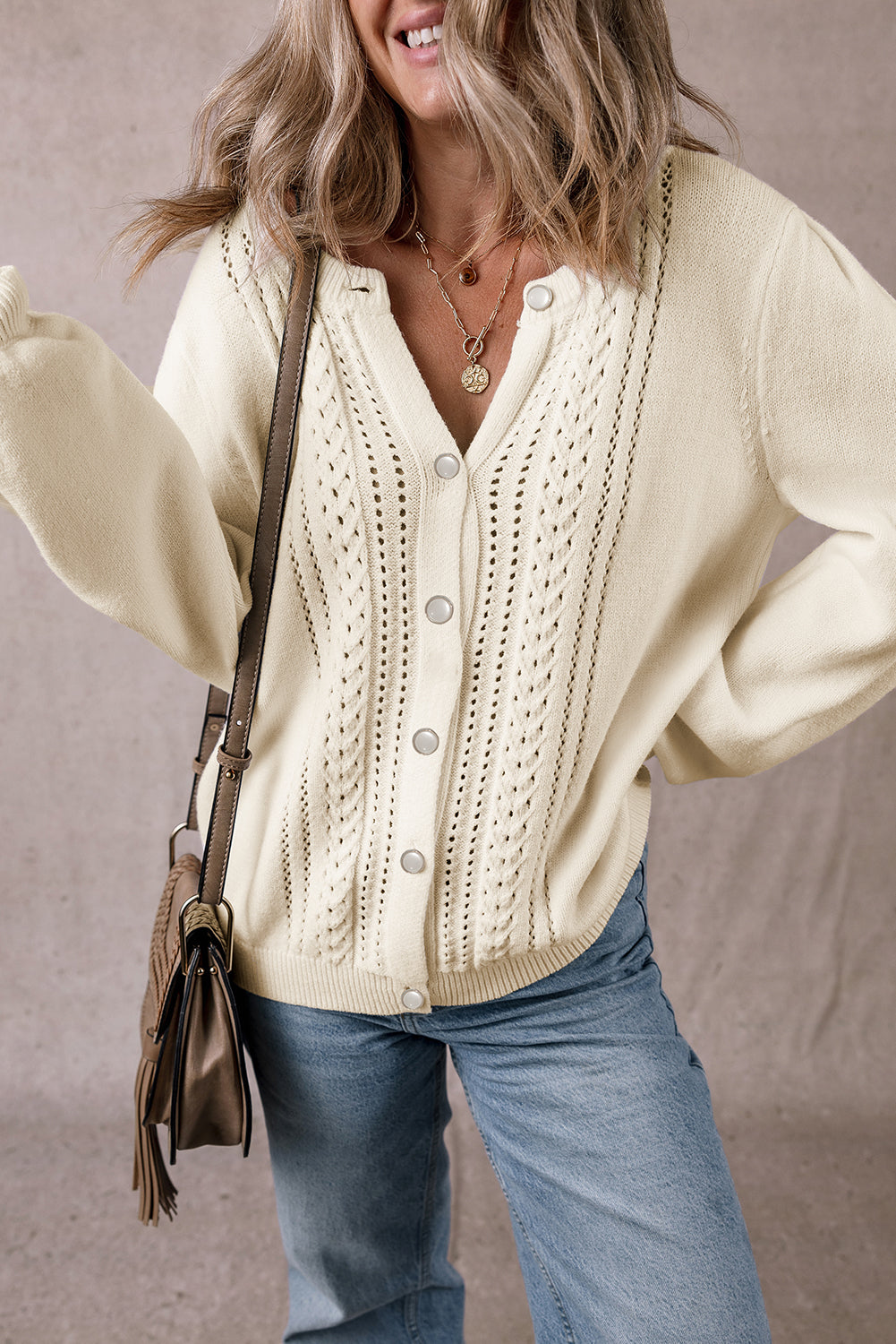 Apricot Pleated Sleeve Hollow Detail Button Sweater Cardigan eAura
