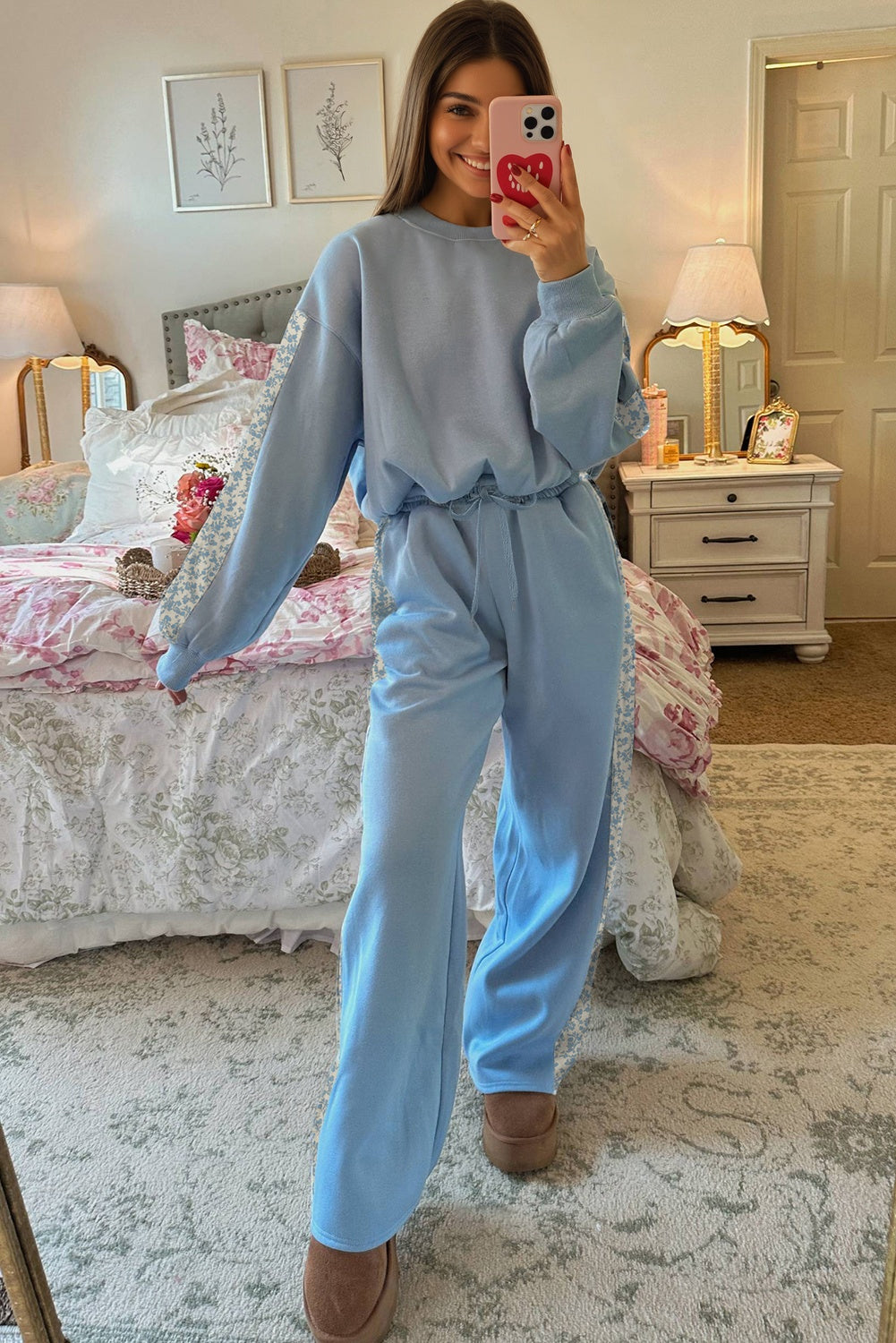 Floral Patchwork Drop Shoulder Pullover and Sweatpants Lounge Set - eAura
