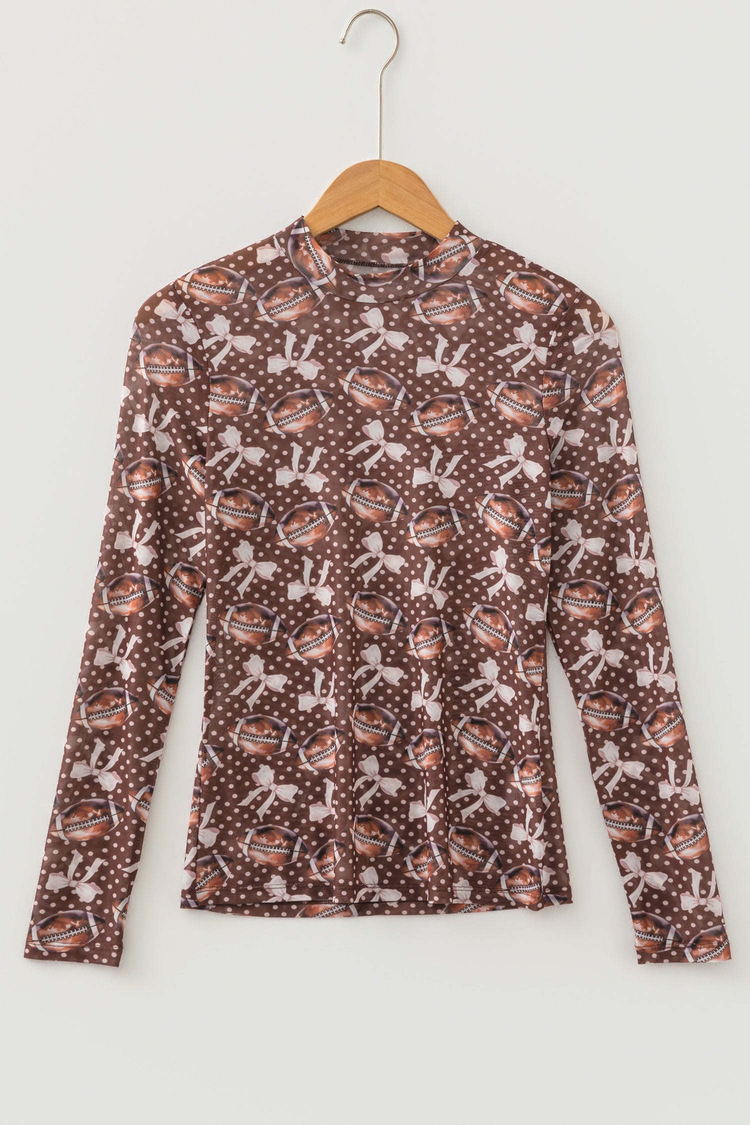 Polka Dot Bow Football Print Long Sleeve Mesh Top – Brown