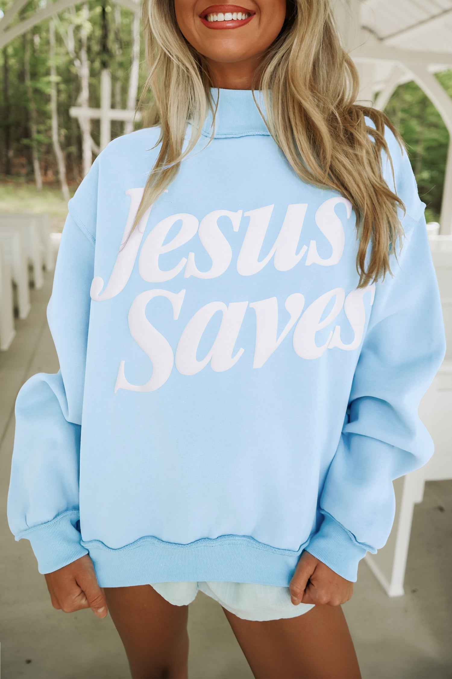 Jesus Saves Slogan Print Stand Neck Baggy Sweatshirt – Mist Blue