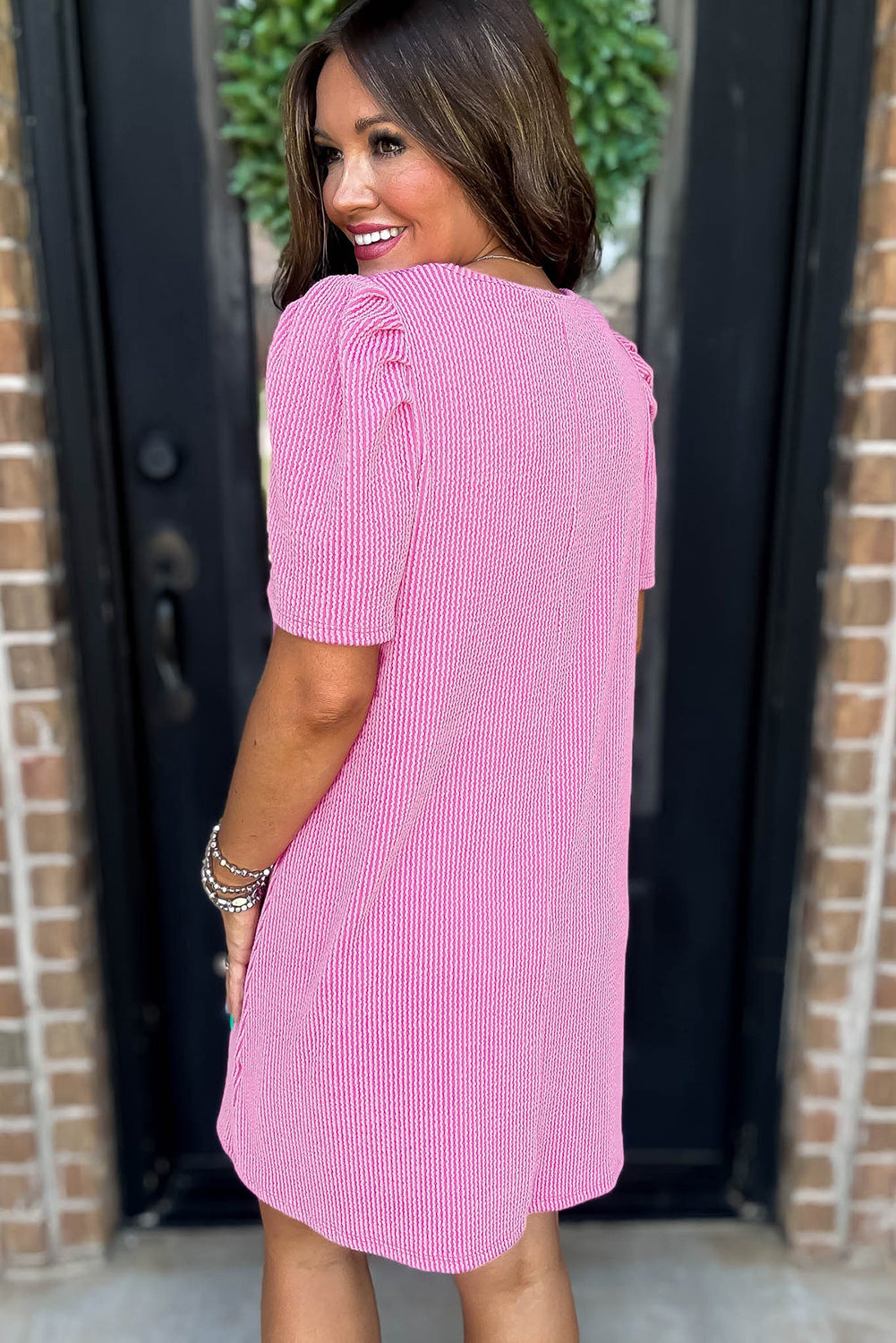 Bright Pink Ribbed Knit Crew Neck Puff Sleeve Shift Mini Dress eAura