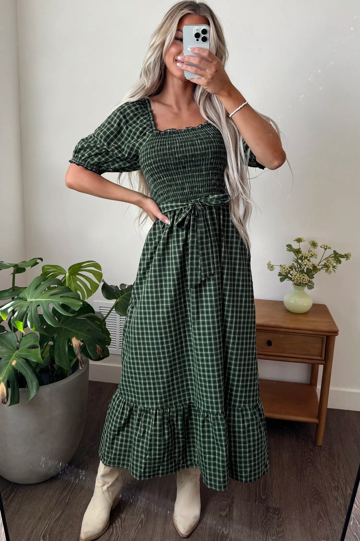 Plaid Square Neck Shirred High Waist Ruffle Hem Dress – Green