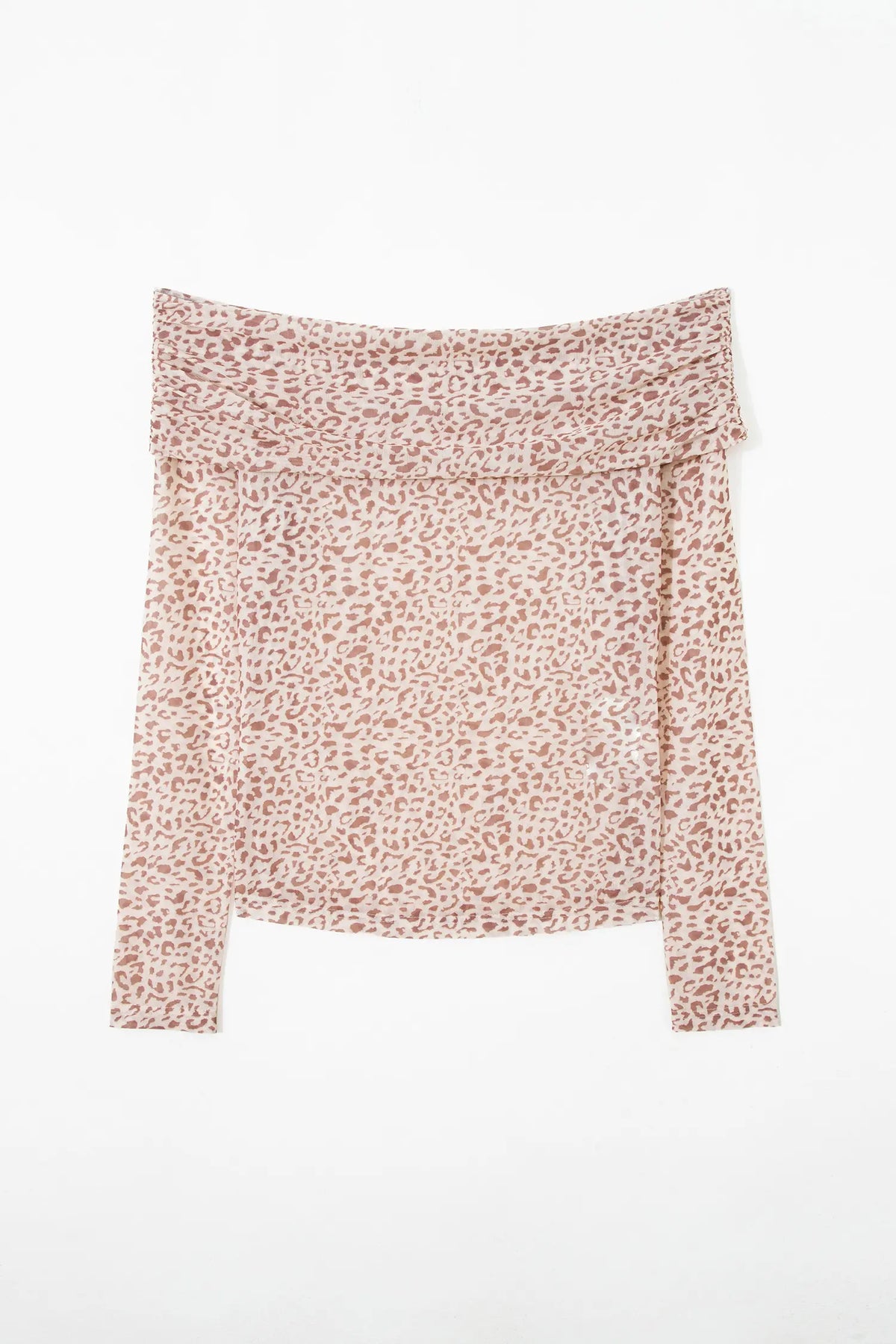 Leopard Print Foldover Off Shoulder Long Sleeve Mesh Top – Brown