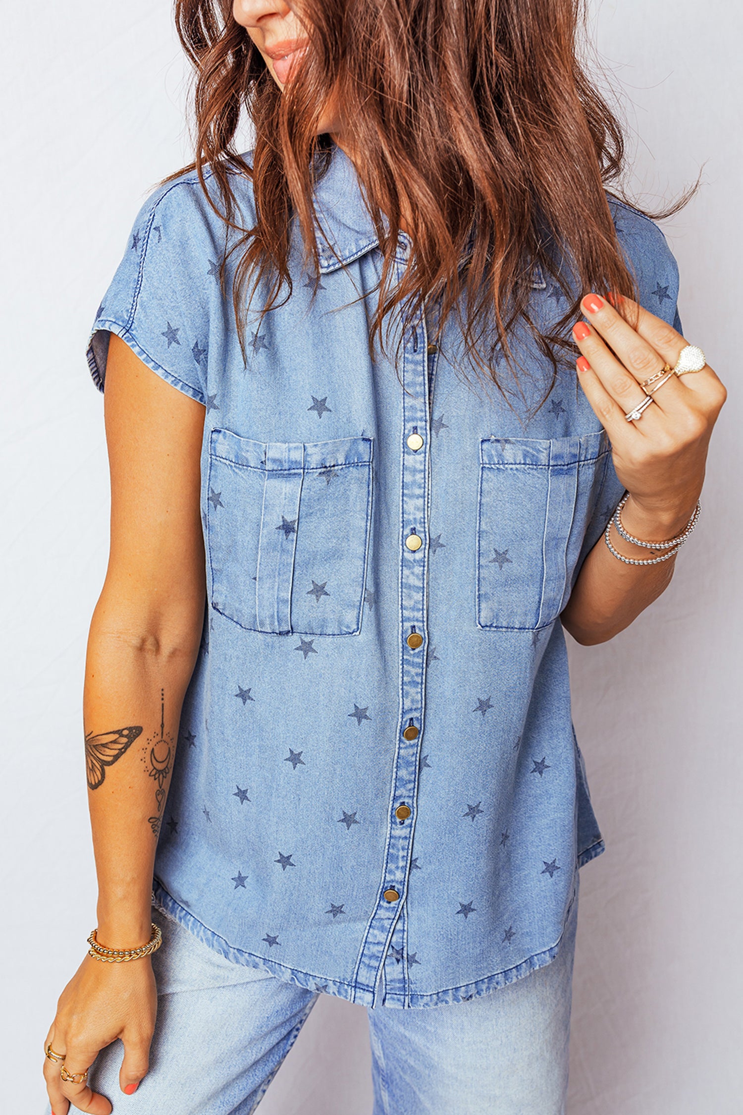 Star Print Double Chest Pocket Short Sleeve Denim Shirt - Tops/Blouses & Shirts