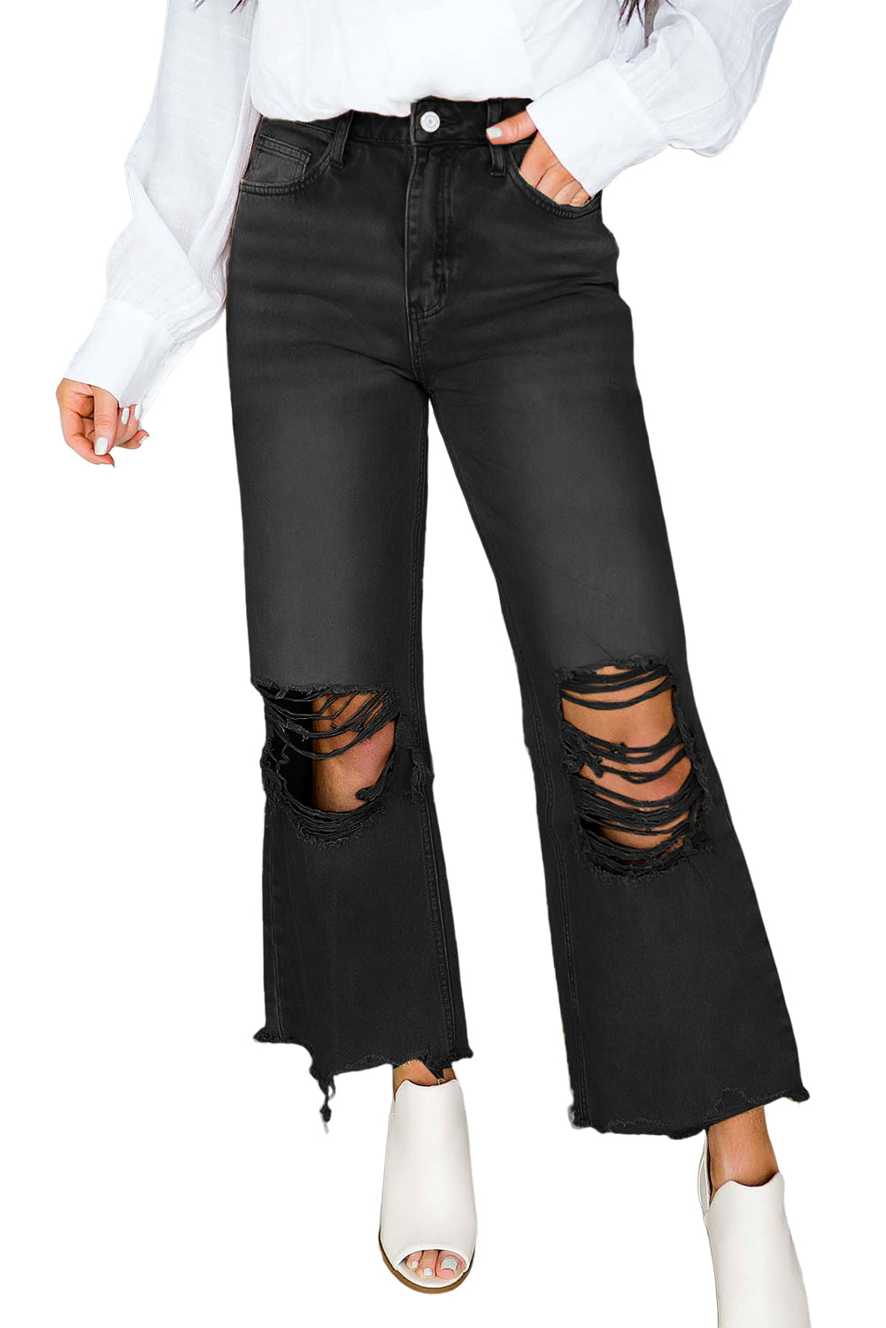 Black Distressed Hollow-out High Waist Cropped Flare Jeans Beagle Boutique Fashion Outlet
