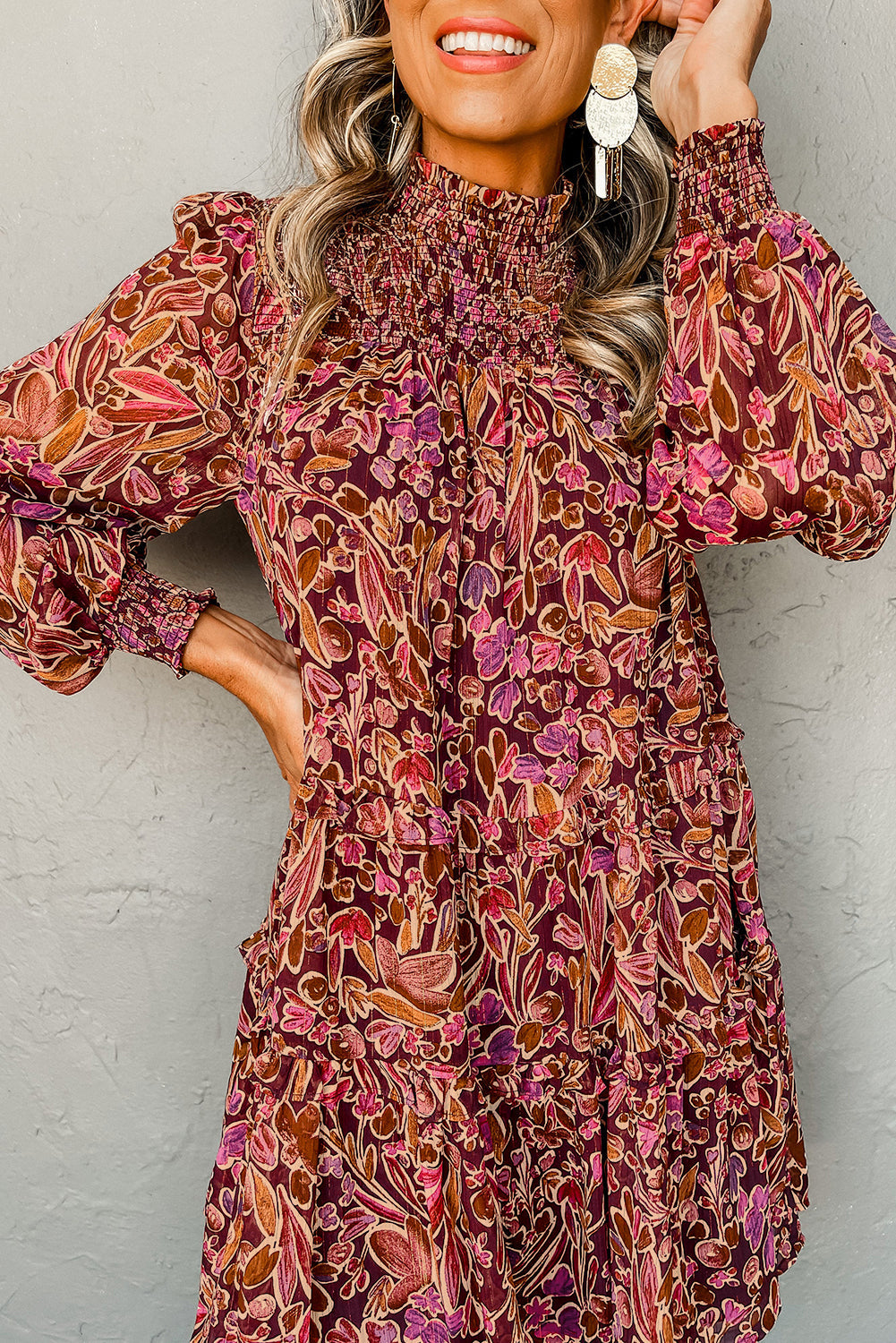 Floral Print Long Sleeve Shirred High Neck Loose Mini Dress - eAura