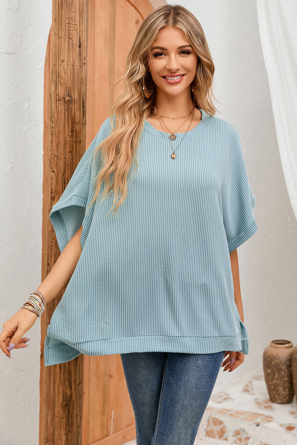 Apricot Ribbed Knit Batwing Sleeve Tunic Oversized T Shirt eAura
