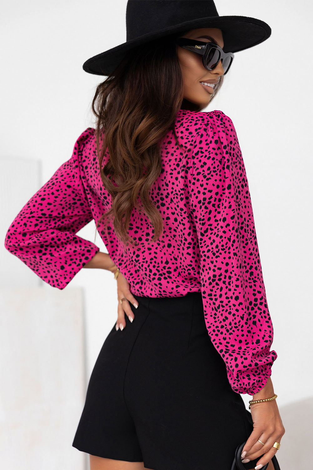 Rose Leopard Print Pleated Blouse with Keyhole eAura