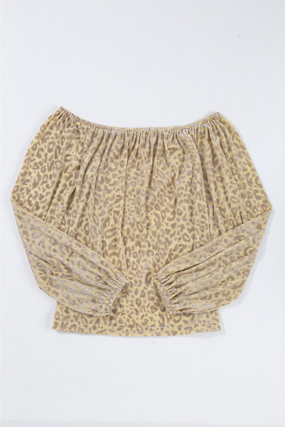 Beige Leopard Velvet Burnout Off Shoulder Long Sleeve Blouse eAura