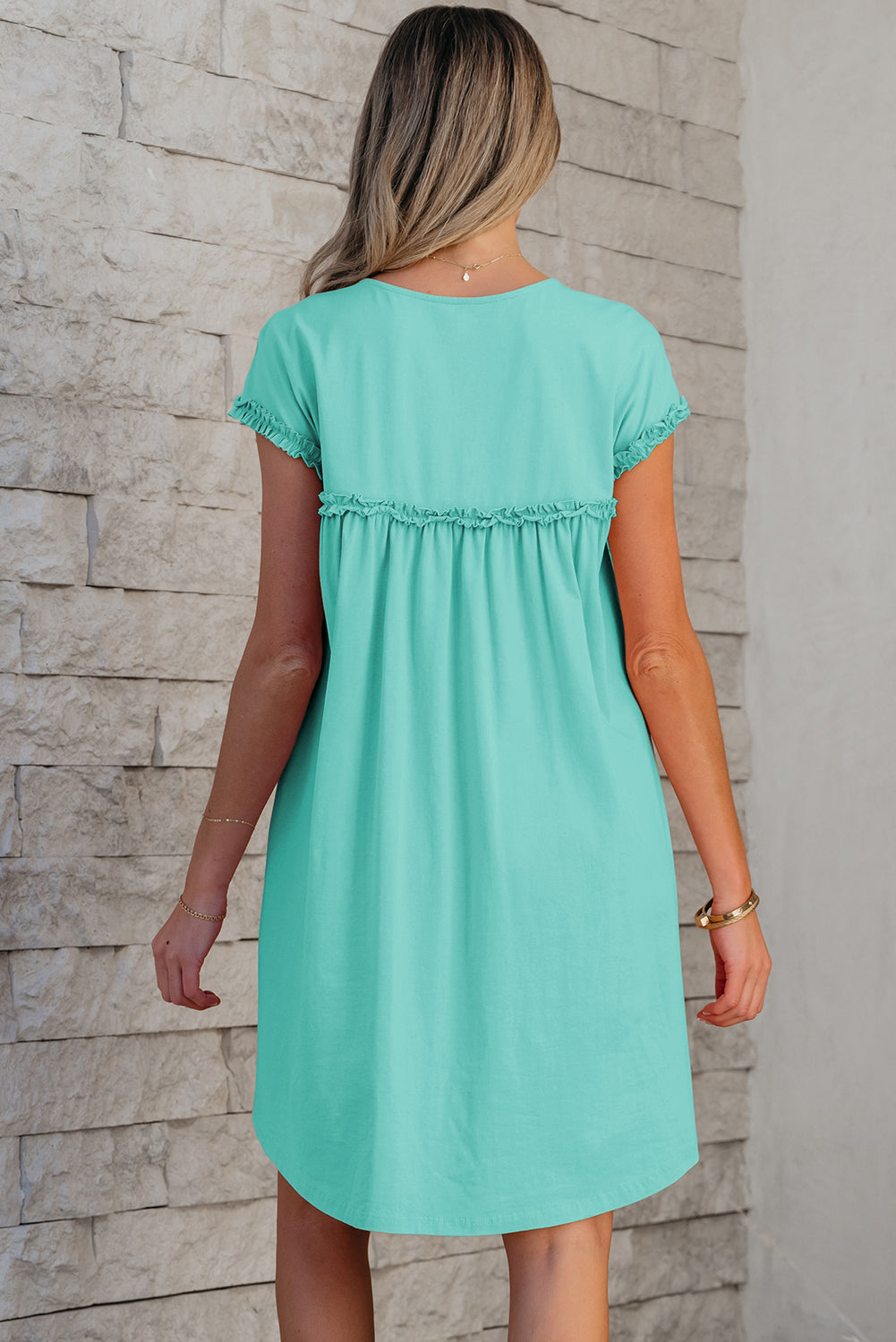 Mint Green Frilled Trim Crew Neck Loose Fit Mini Dress eAura