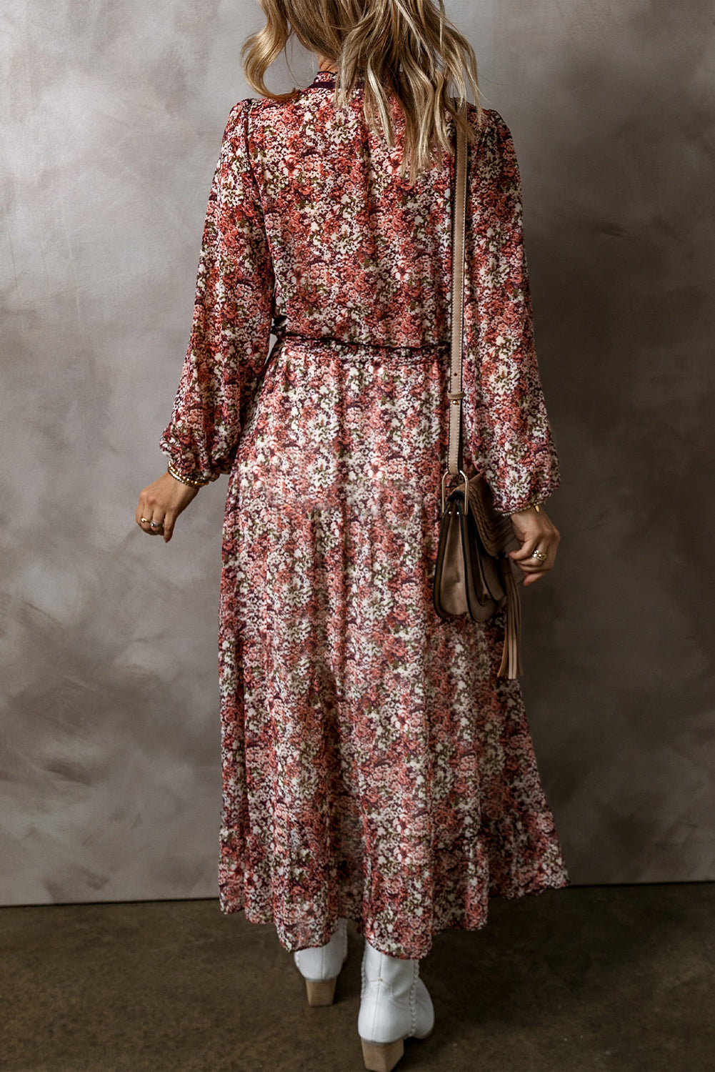 Brown Floral Print Split Front Tiered Frilled V Neck Midi Dress eAura