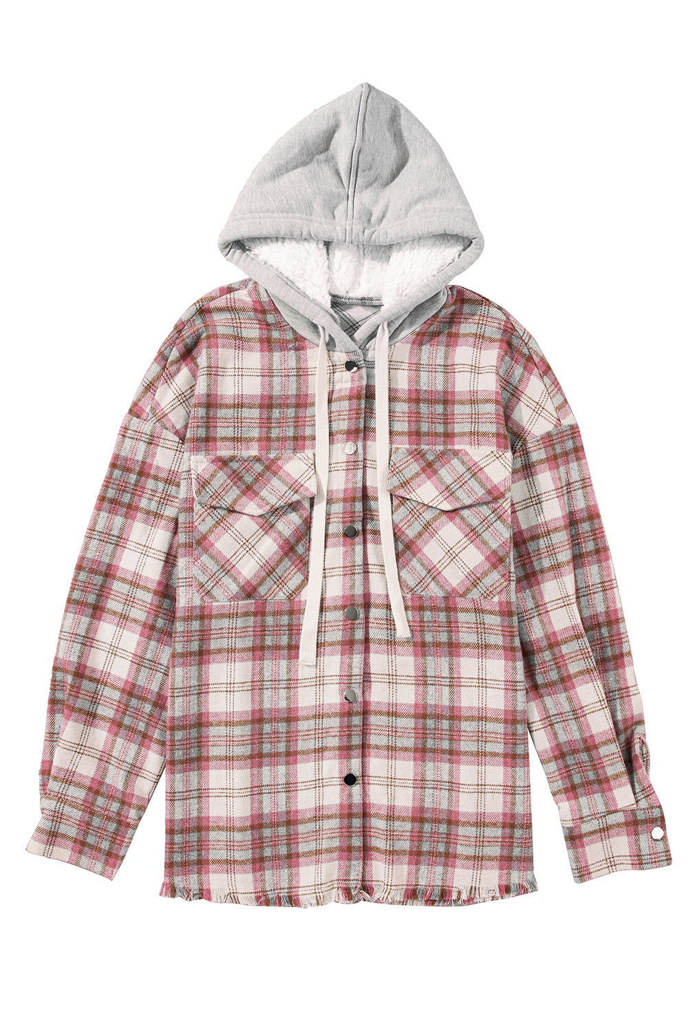 Multicolour Plaid Flap Pocket Hooded Raw Hem Jacket Beagle Boutique Fashion Outlet