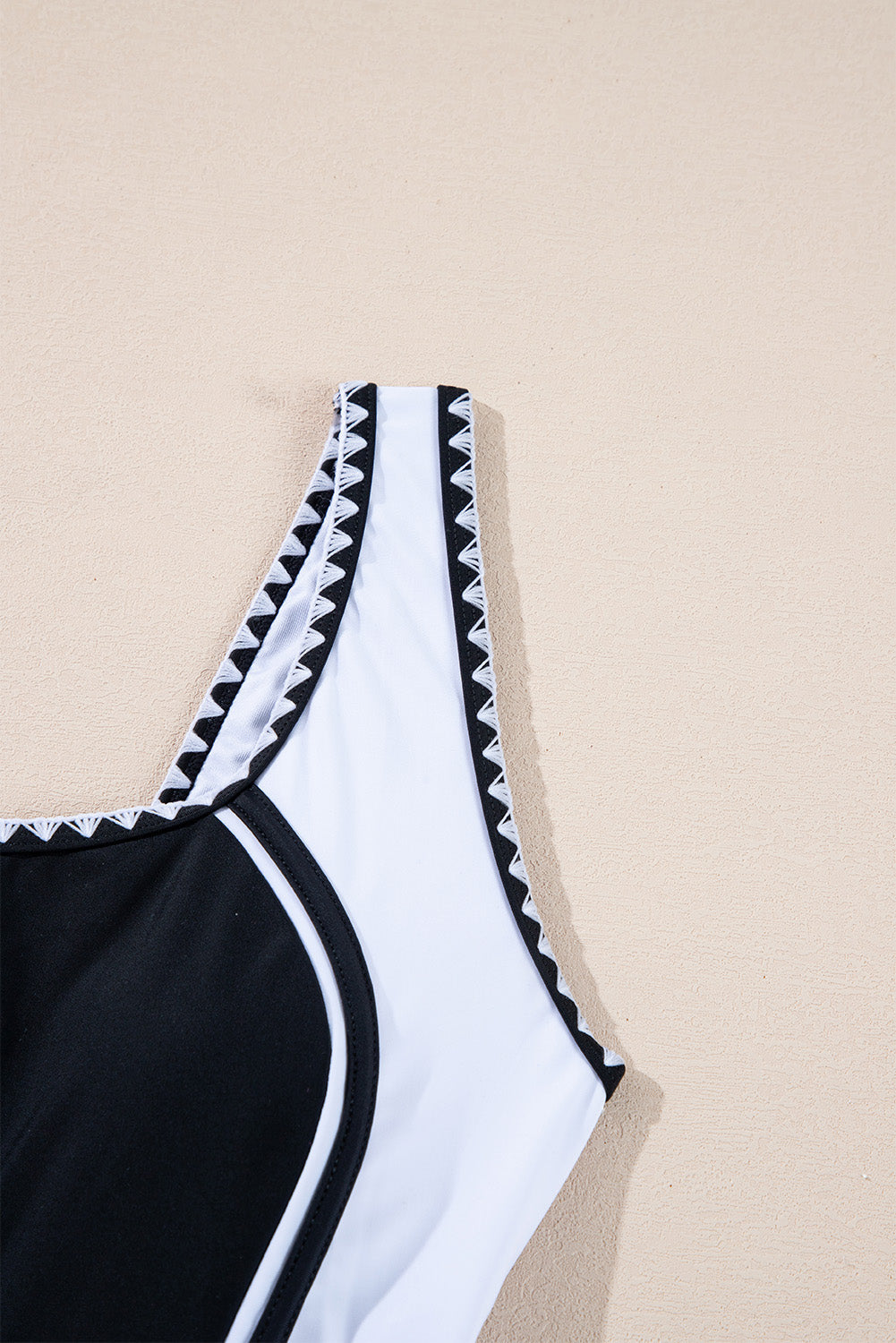 Black Colour Block Ric Rac Trim U Neck One Piece Swimsuit eAura