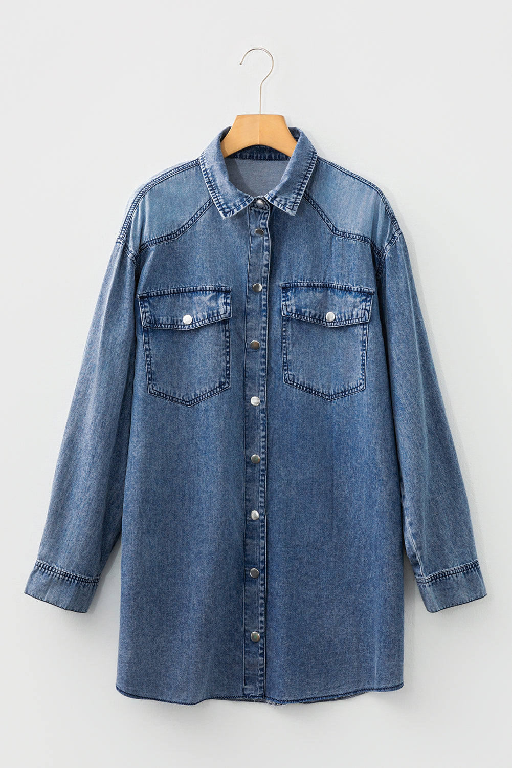 Chest Pocket Raw Hem Denim Loose Shirt Dress