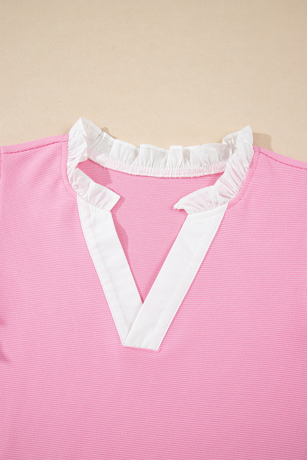 Pink Contrast V Neck Ruffled Textured Knit Top eAura