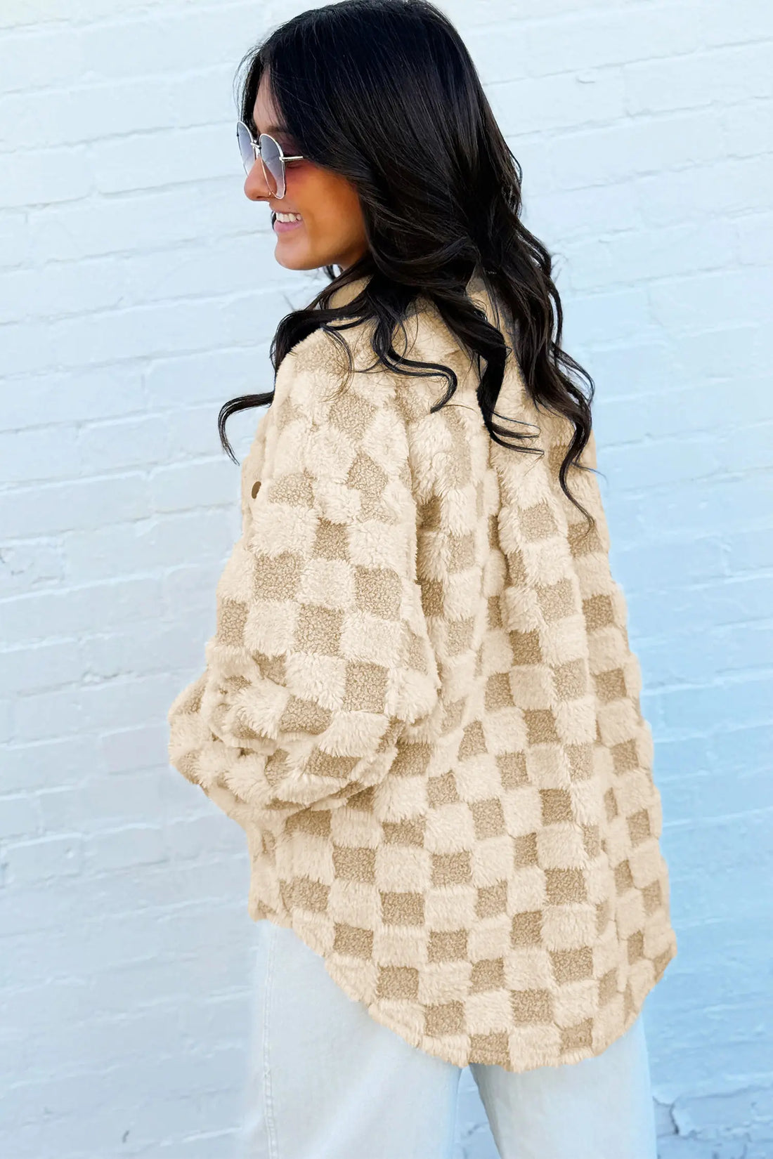 Plush Checkered Sherpa Ribbed Trim Metal Button Shacket