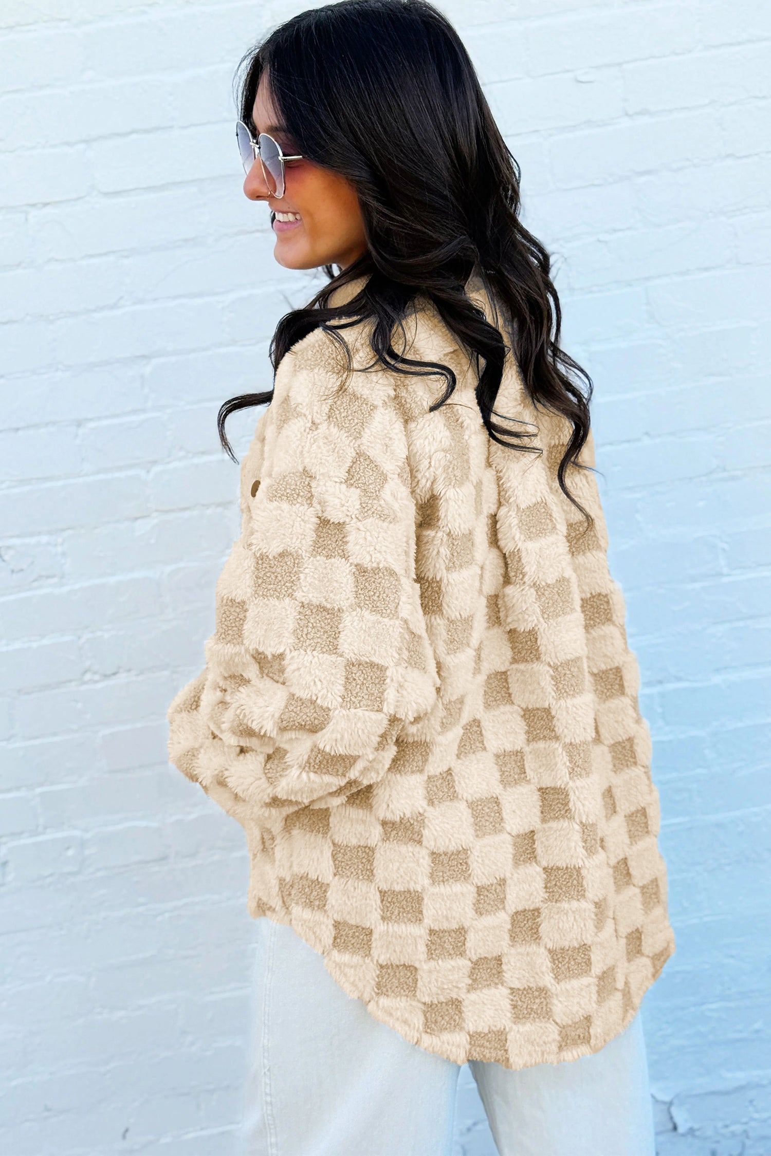 Khaki Plush Checkered Corduroy Trim Metal Button Long Sleeve Shift Silhouette Shacket