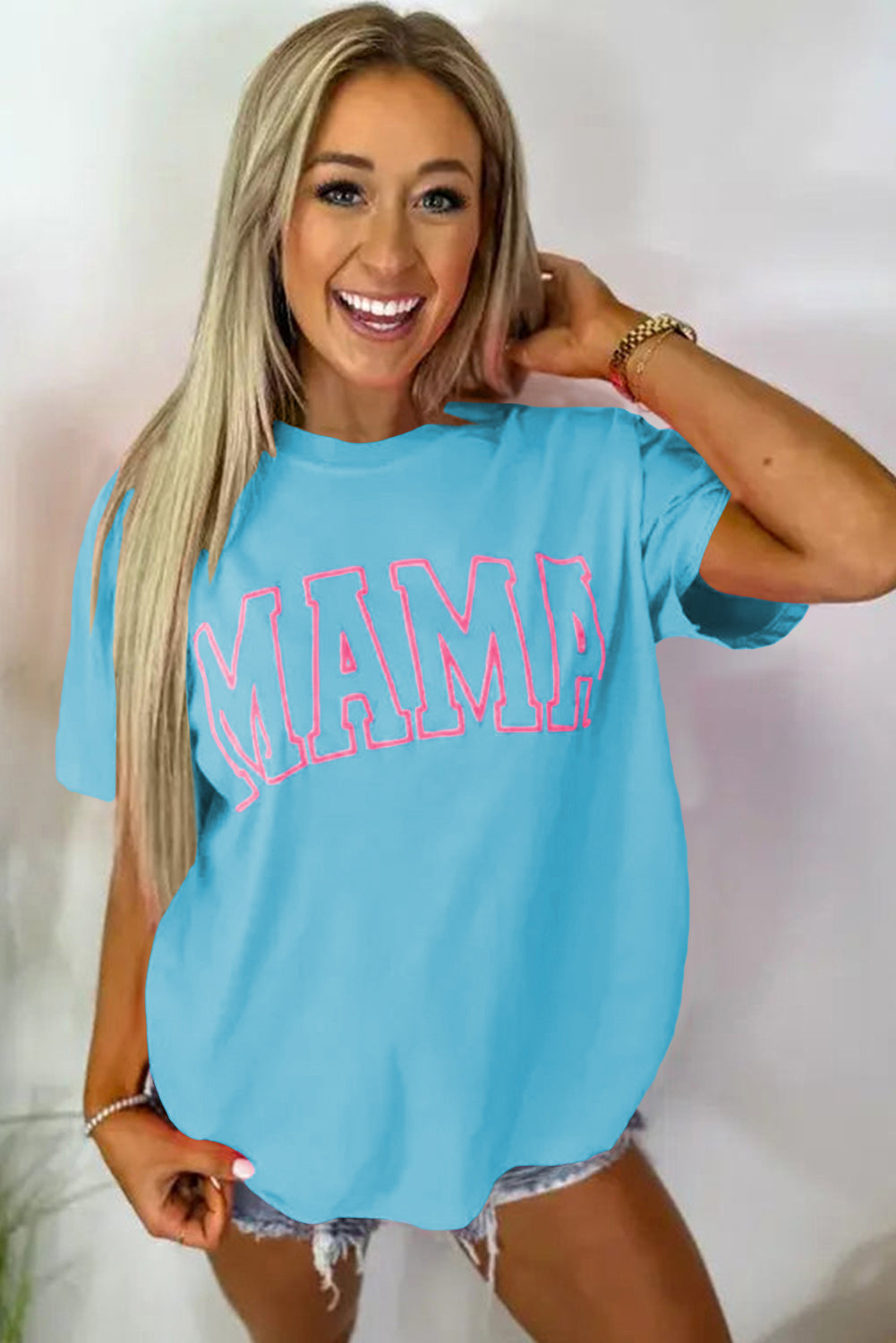 Light Blue MAMA Letter Graphic Neon T Shirt - eAura