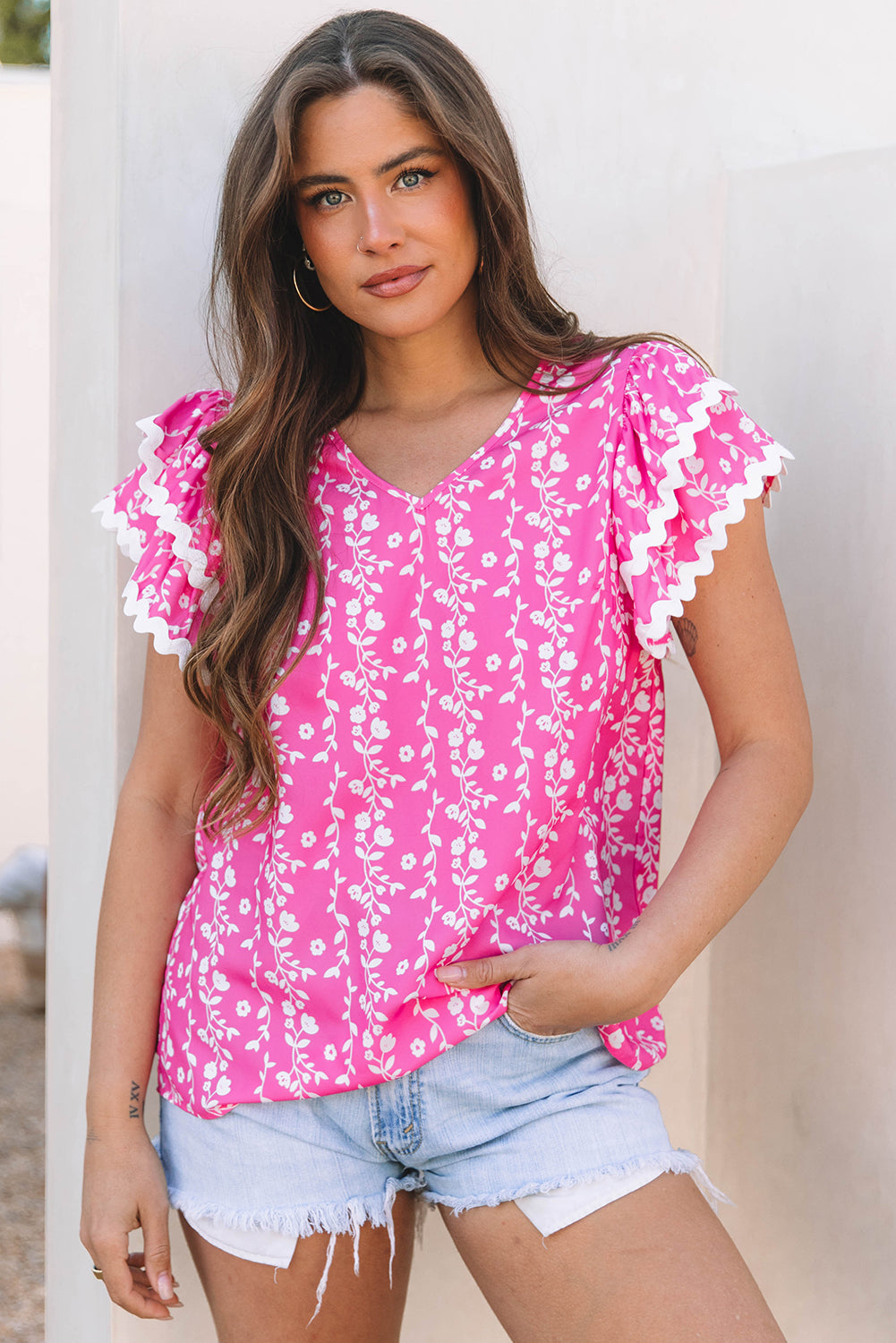 Pink Floral Print Ric-rac Tiered Ruffled V Neck Blouse eAura