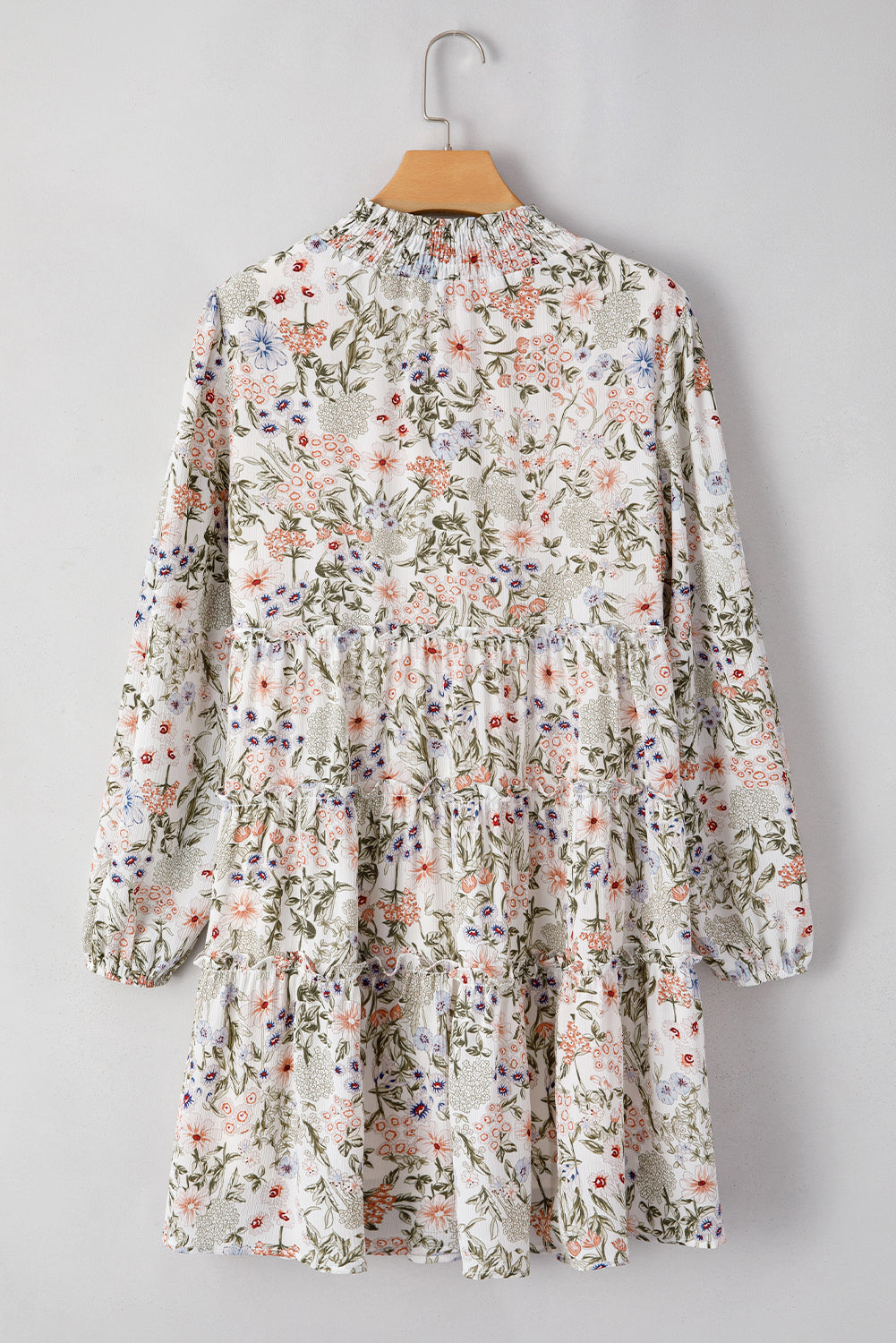 Green Floral Print Tiered Frilled Shirred Mock Neck Mini Dress Beagle Boutique Fashion Outlet