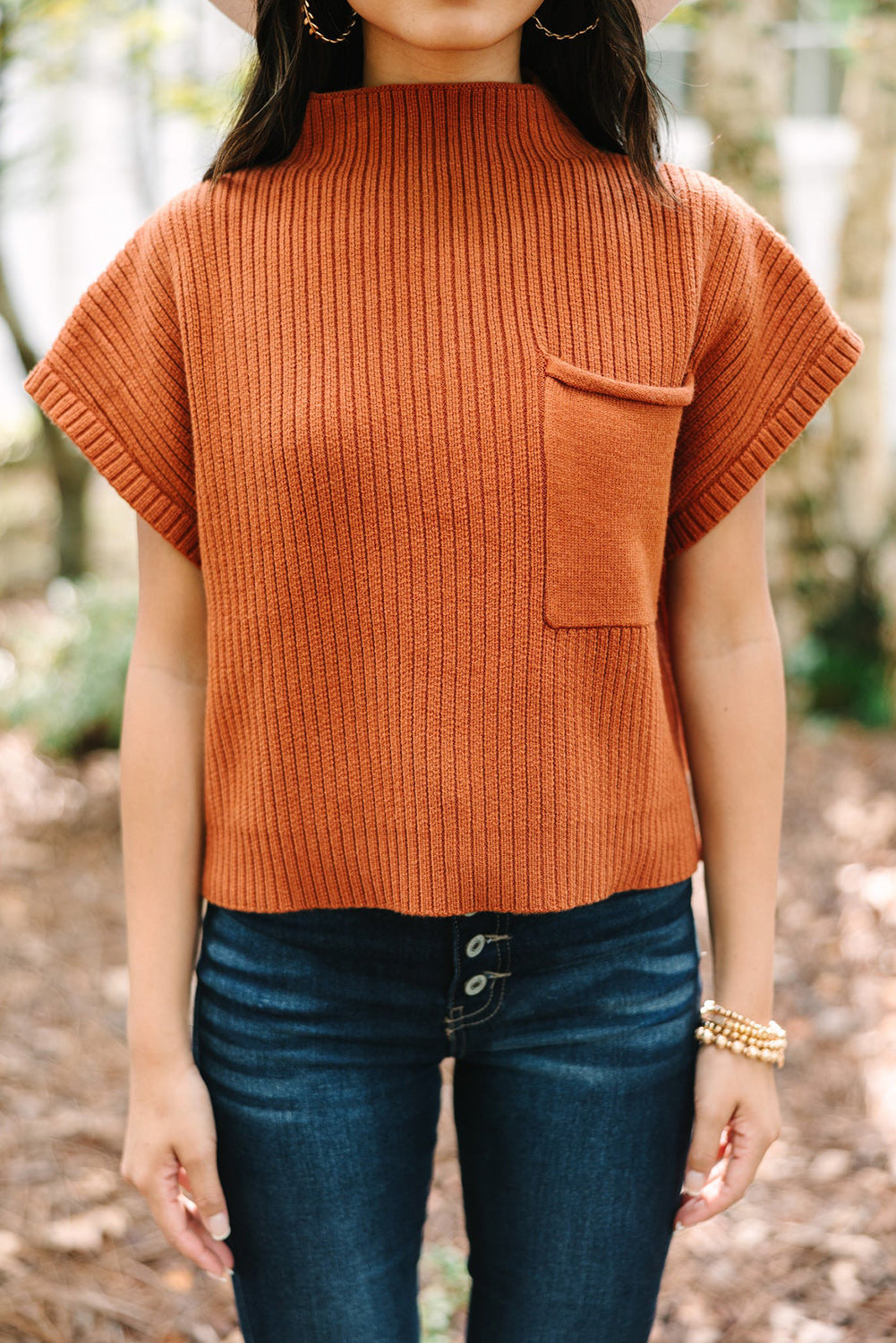 Black Patch Pocket Ribbed Knit Short Sleeve Sweater eAura