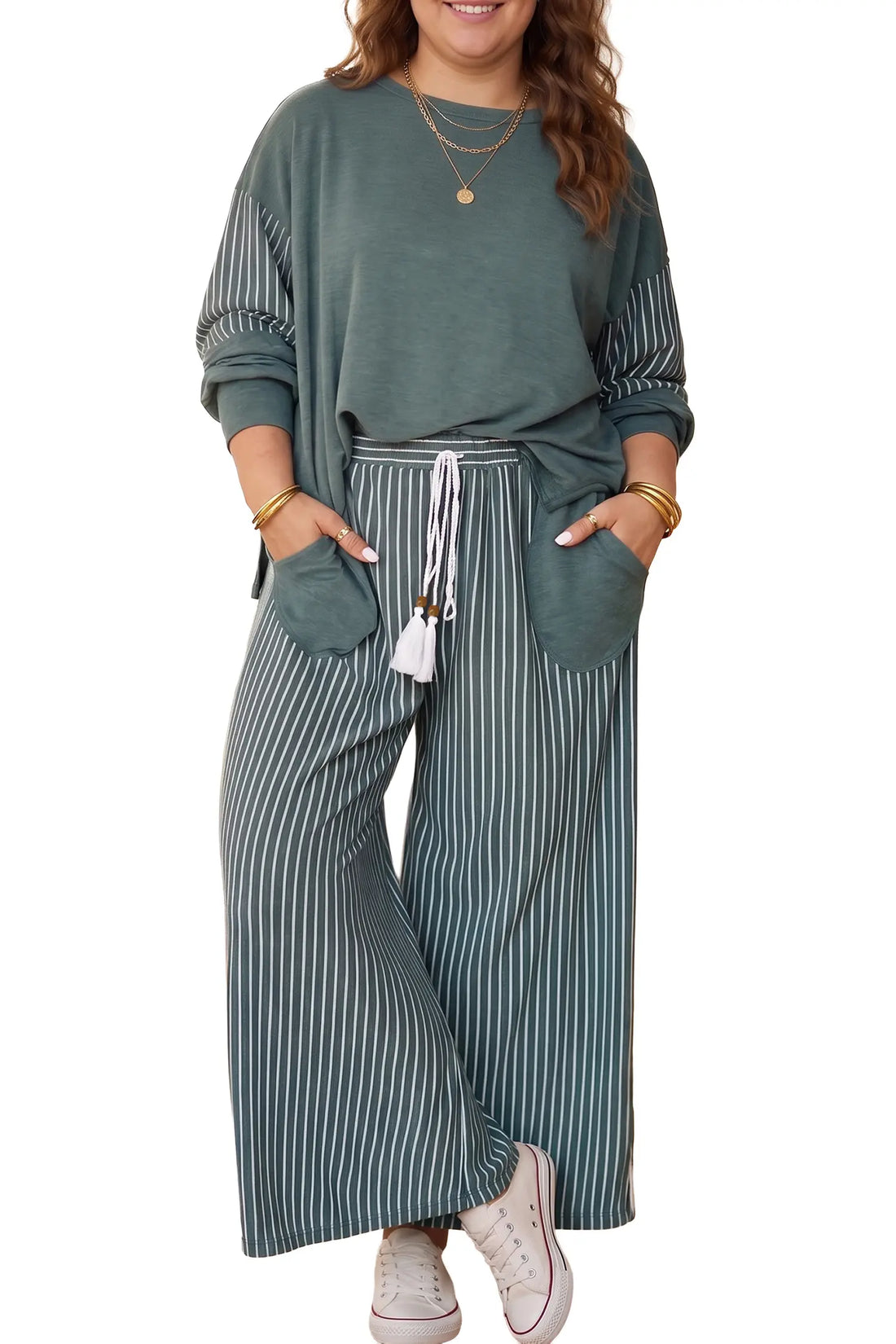 Two-piece Striped Patchwork Loungewear Set — Round-neck Top & Wide-leg Pants