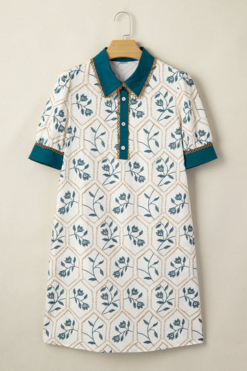 Geometric Floral Print Lace Trim Collared Short Sleeve Mini Dress