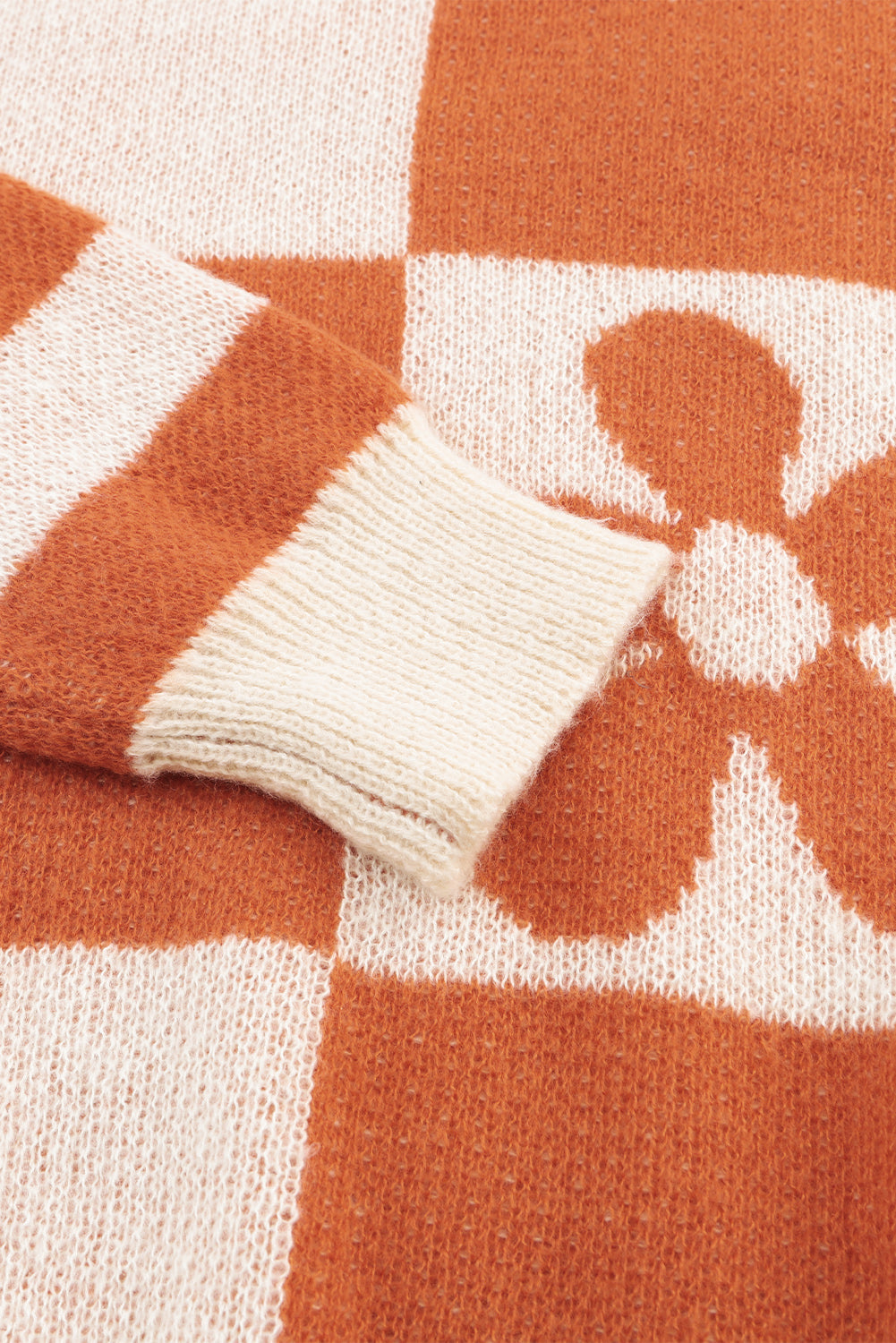 Brown Checkered Floral Print Striped Sleeve Sweater eAura