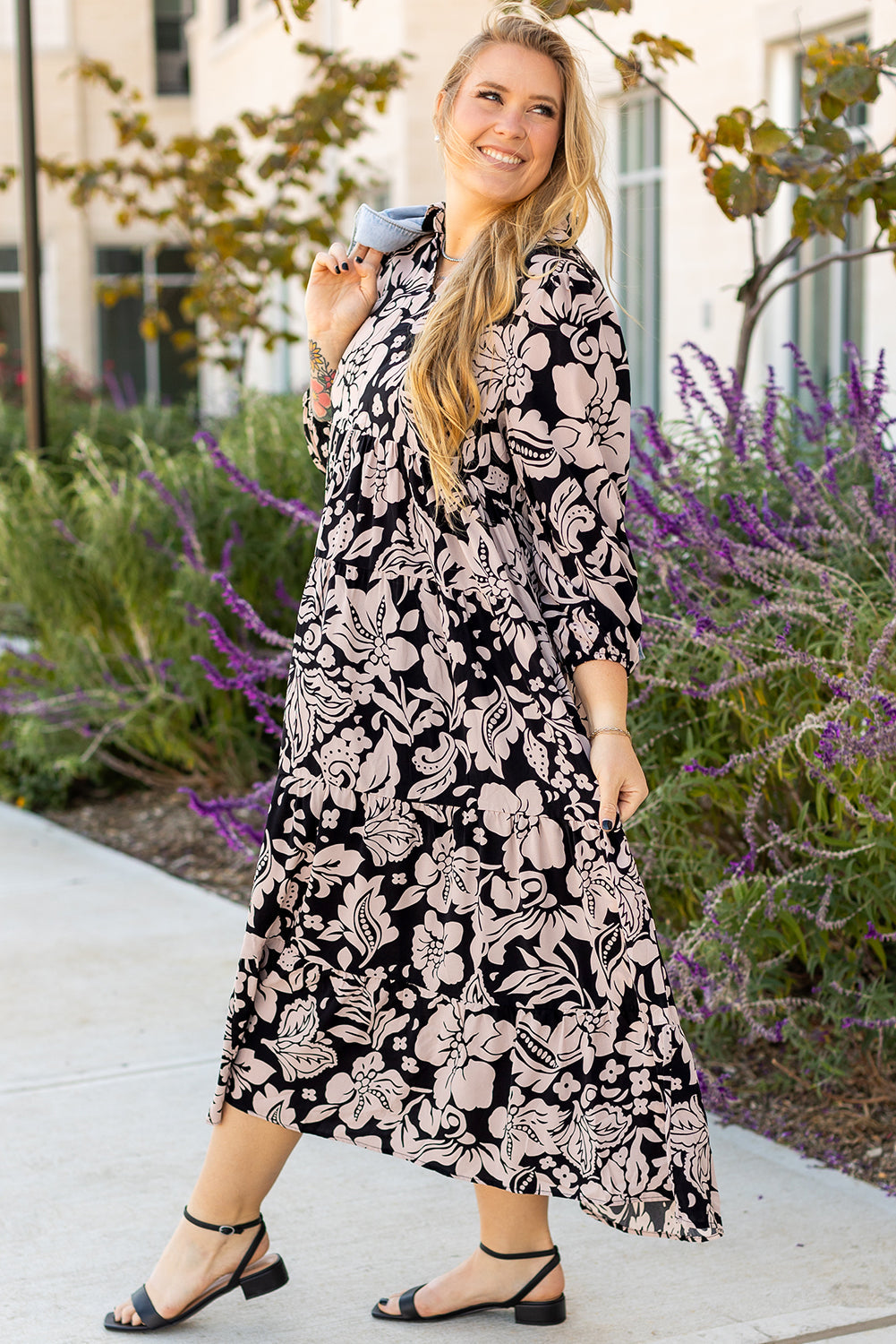 Black Plus Size Floral Printed Puff Sleeve Collared Maxi Dress BB Fashion Outlet