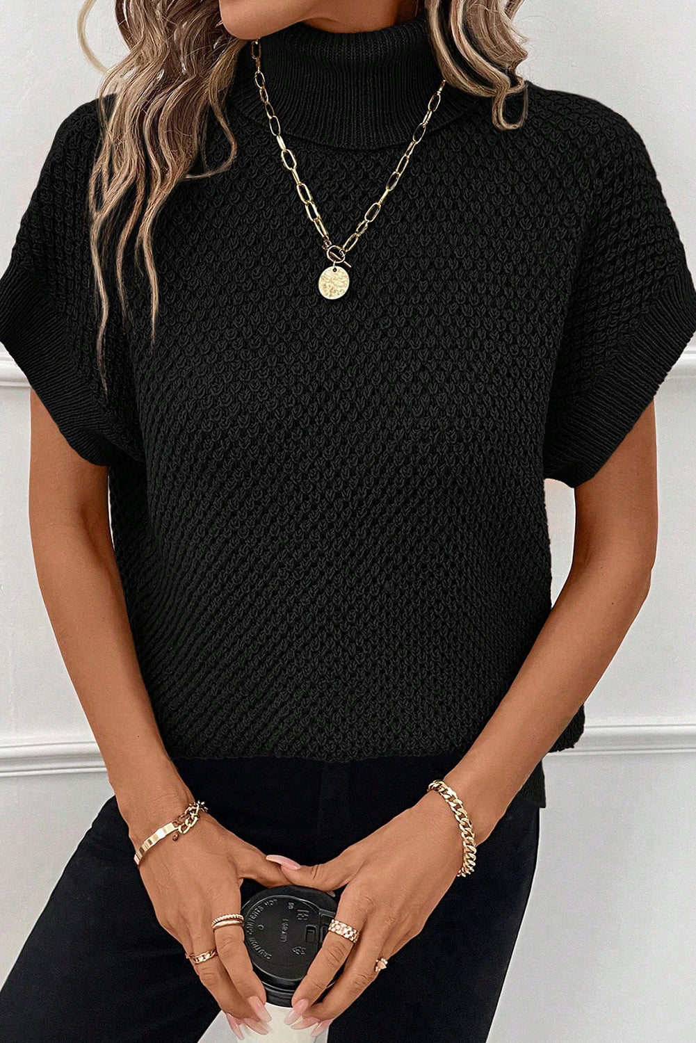 Turtleneck Textured Short Sleeve Sweater eAura