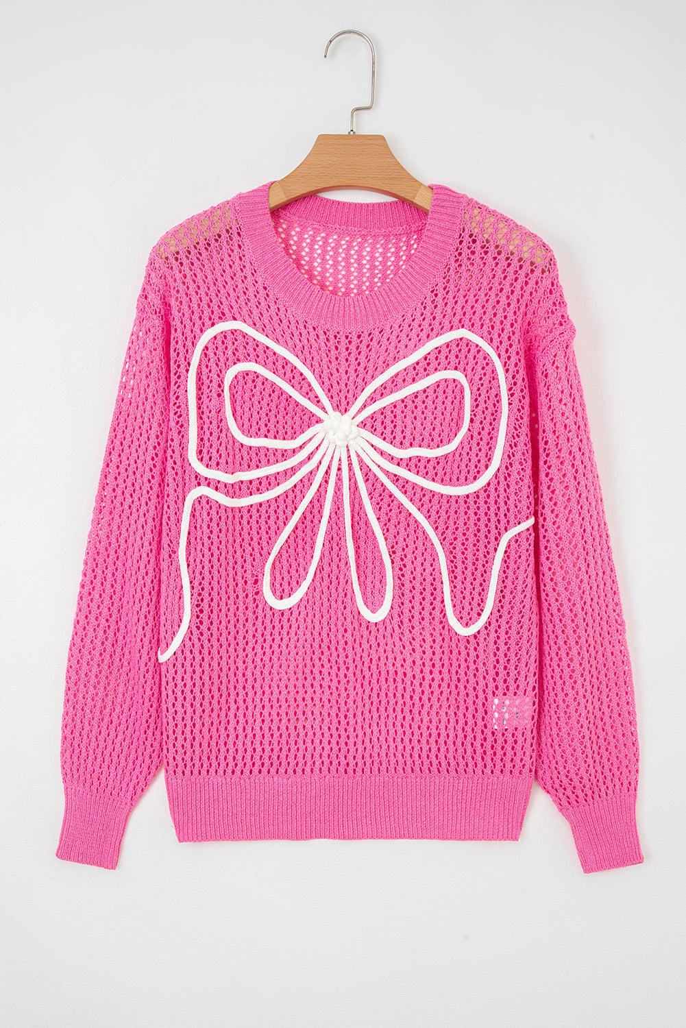 Sachet Pink Sweet Bow Decor Hollow Out Knit Drop Shoulder Sweater eAura