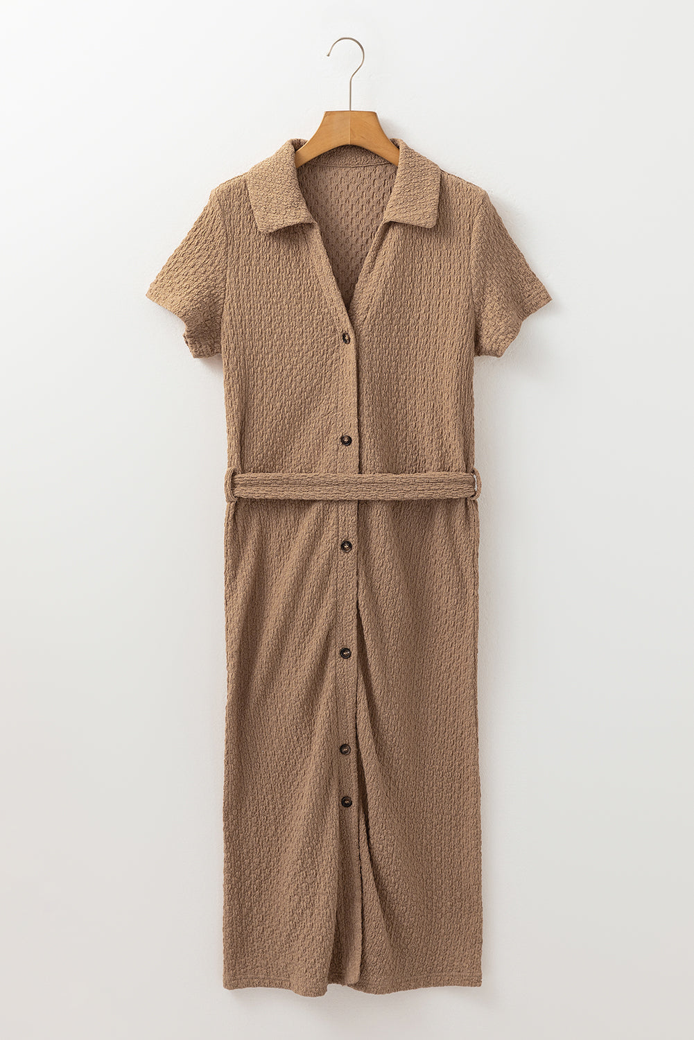 Buckskin Short Sleeve Textured Button Up Tie Waist Long Dress eAura