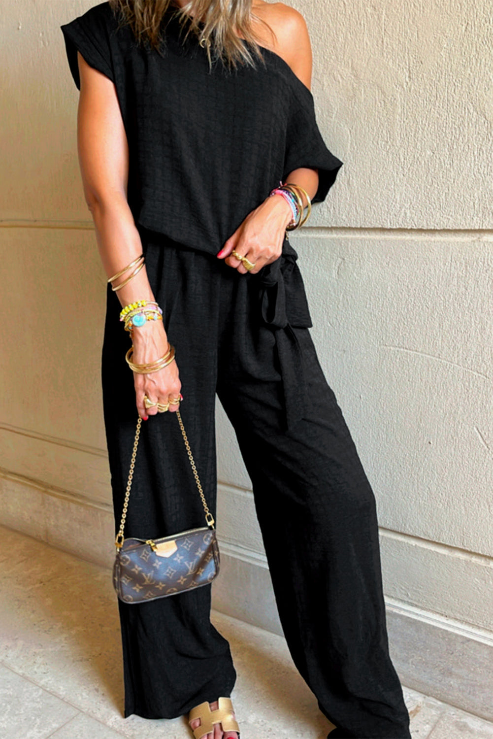 Black Checkered Mesh One Shoulder Short Sleeve Knotted Waist Jumpsuit eAura