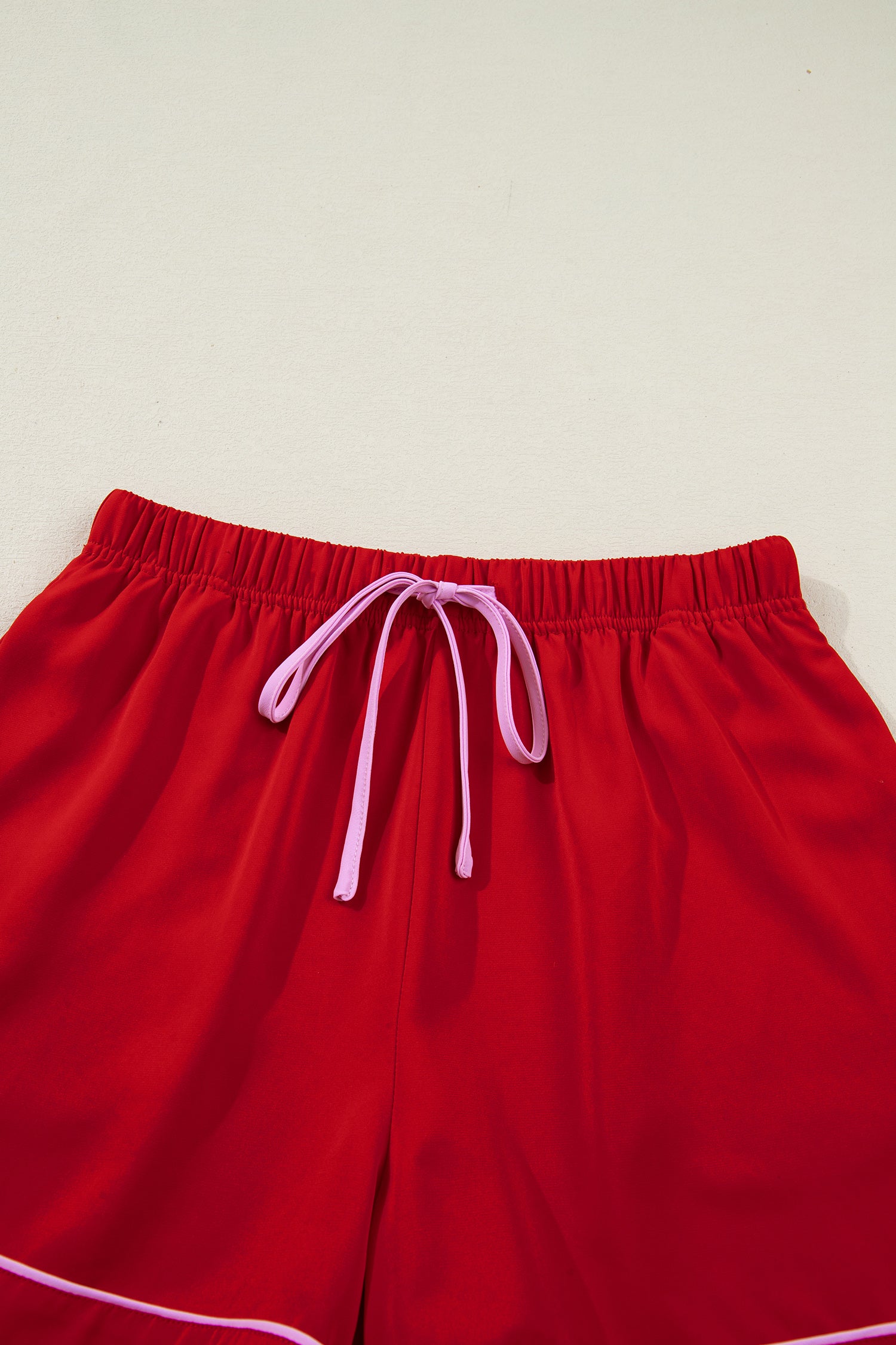 Contrast Trim Ribbon Bow Short Silky 2pcs Pajama Set – Fiery Red