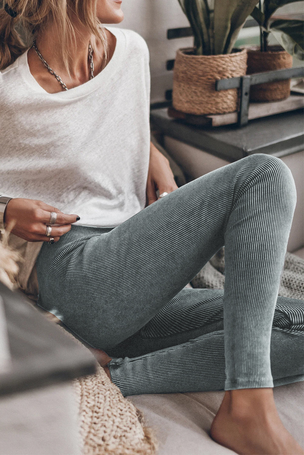 Dark Grey Vintage Wash Ribbed Leggings Beagle Boutique Fashion Outlet