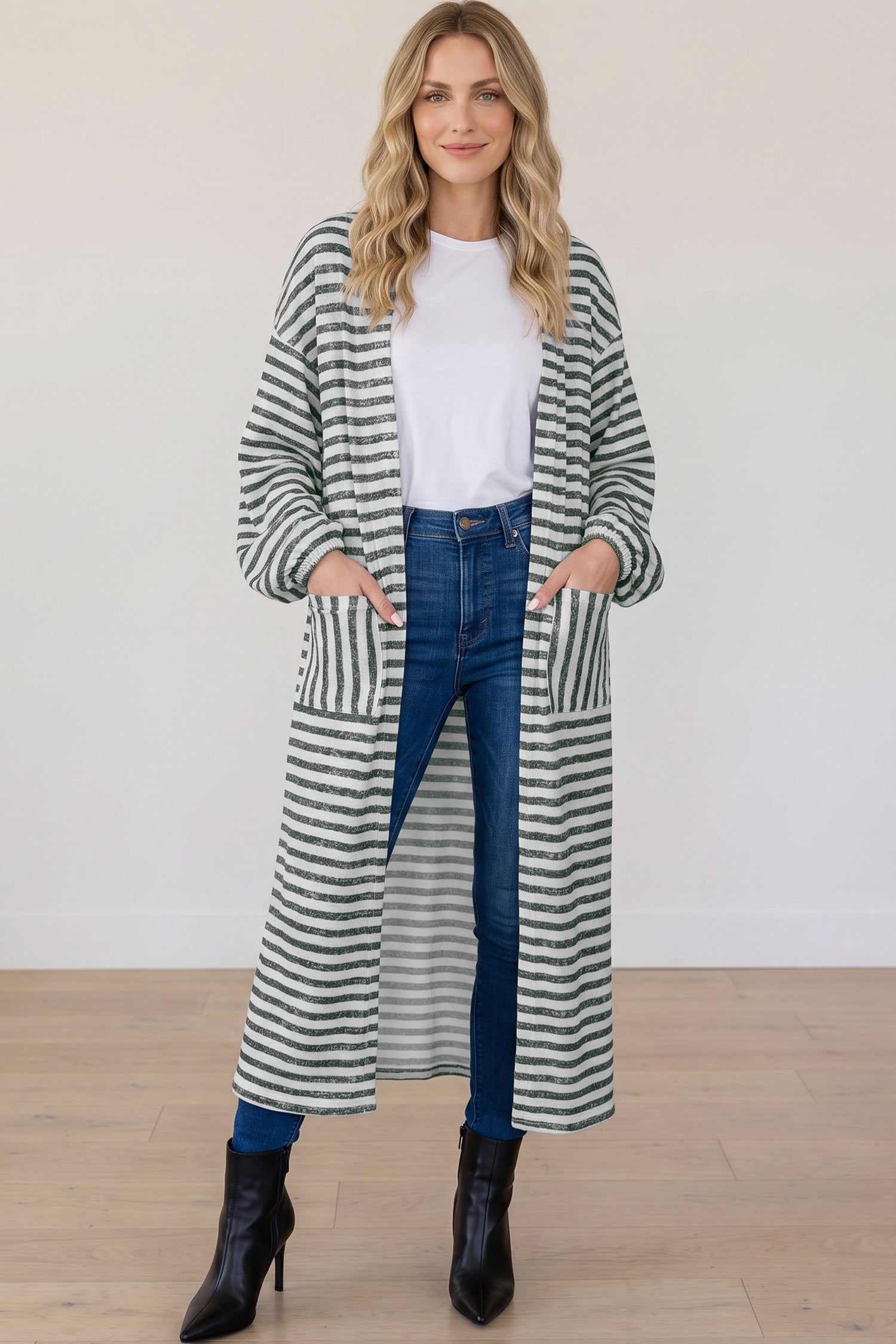 Long Puff Sleeve Open Front Oversized Long Cardigan – Khaki Stripe