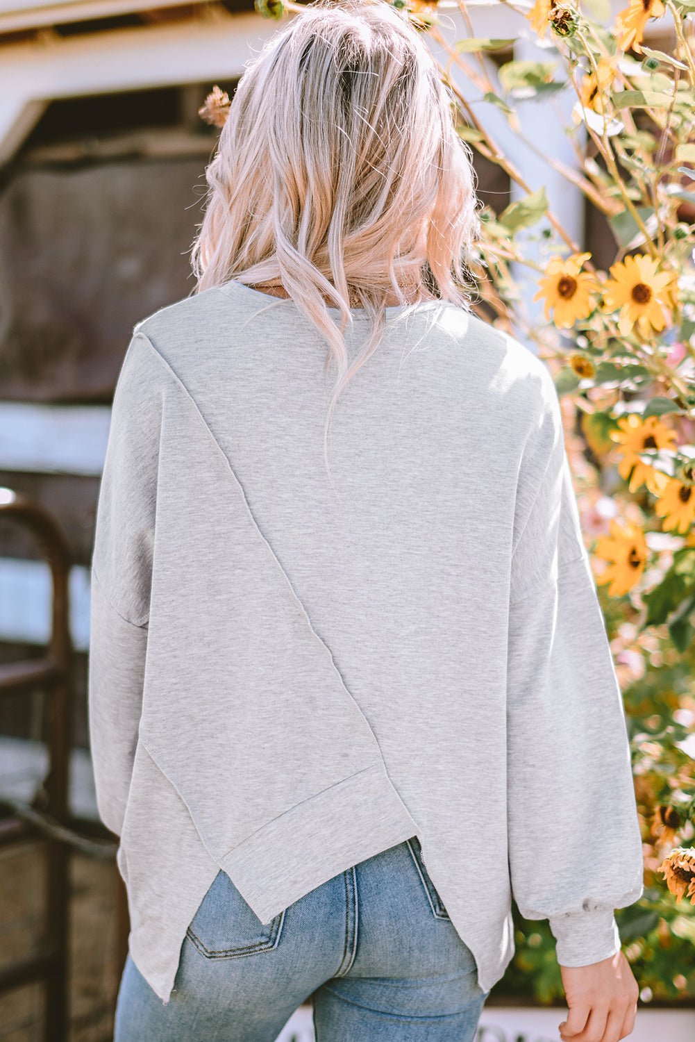 Colour-block Stitching Irregular Hem Long Sleeve Top - eAura