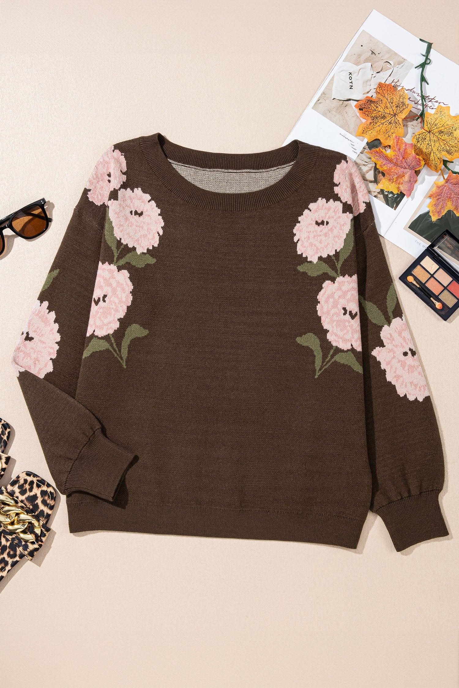 Floral Print Drop Shoulder Relaxed Pullover Sweater – Dark Brown