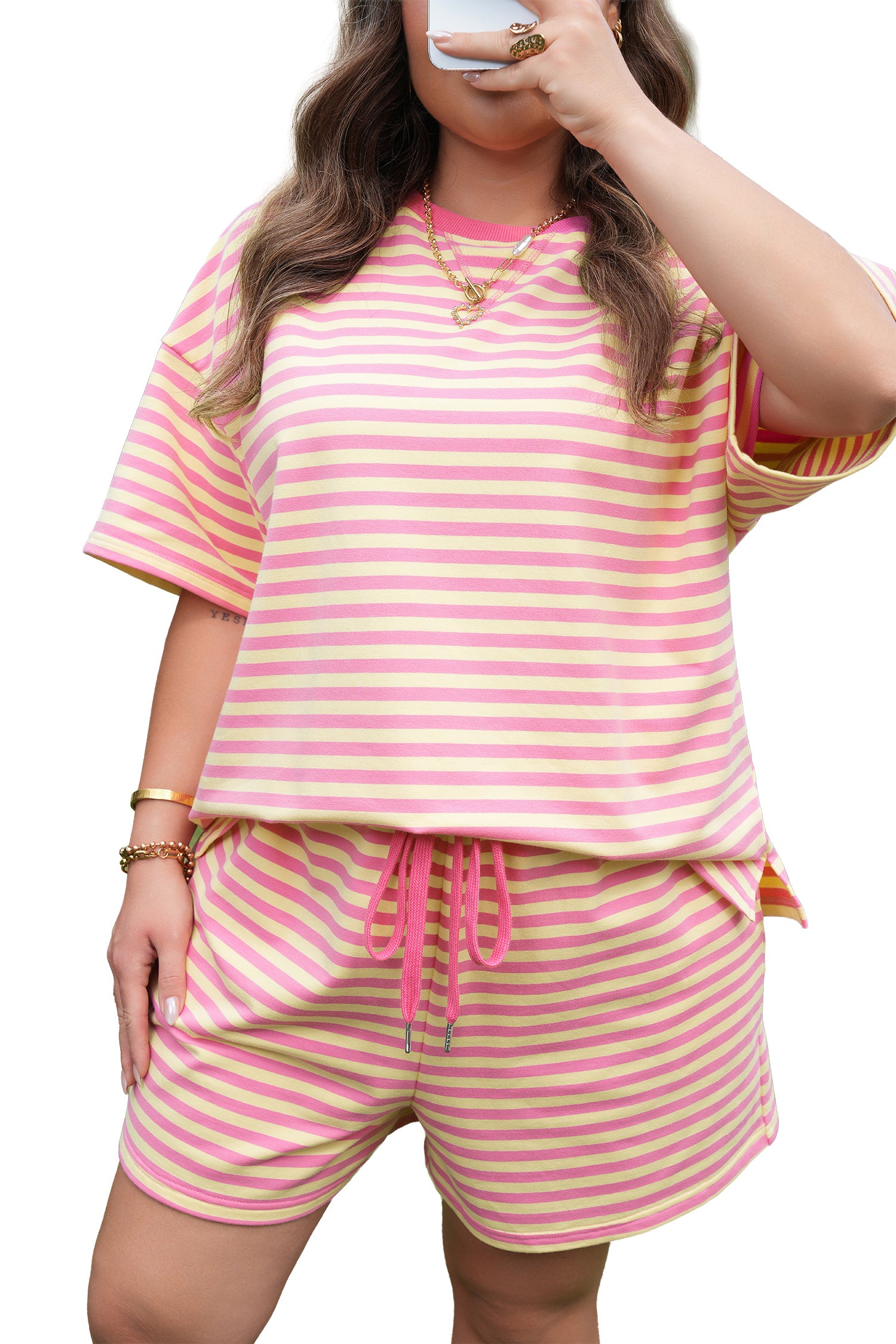 Stripe Boxy Tee Drawstring Elastic Waist Plus Size Short Co-ord Set
