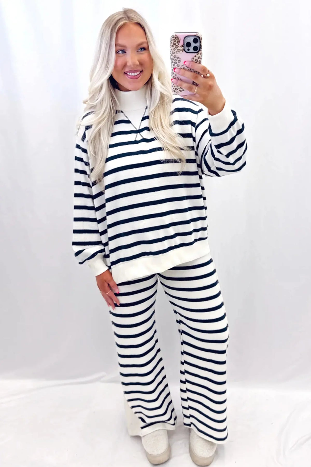 Striped Ribbed Cuff Collar Pocket Loose Pant Set – Blue Stripe