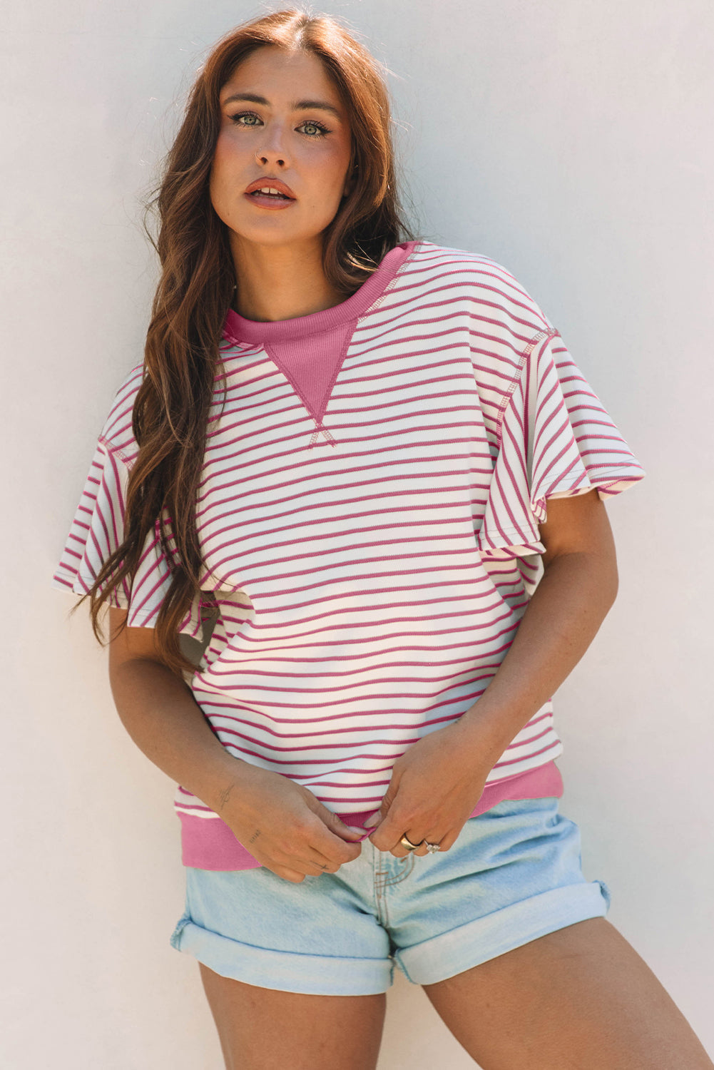 Contrast Detail Striped Ruffle Short Sleeve Top eAura