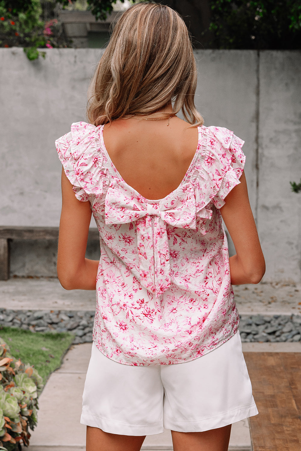 Floral Ruffled Short Sleeve Bow Back Square Neck Blouse eAura