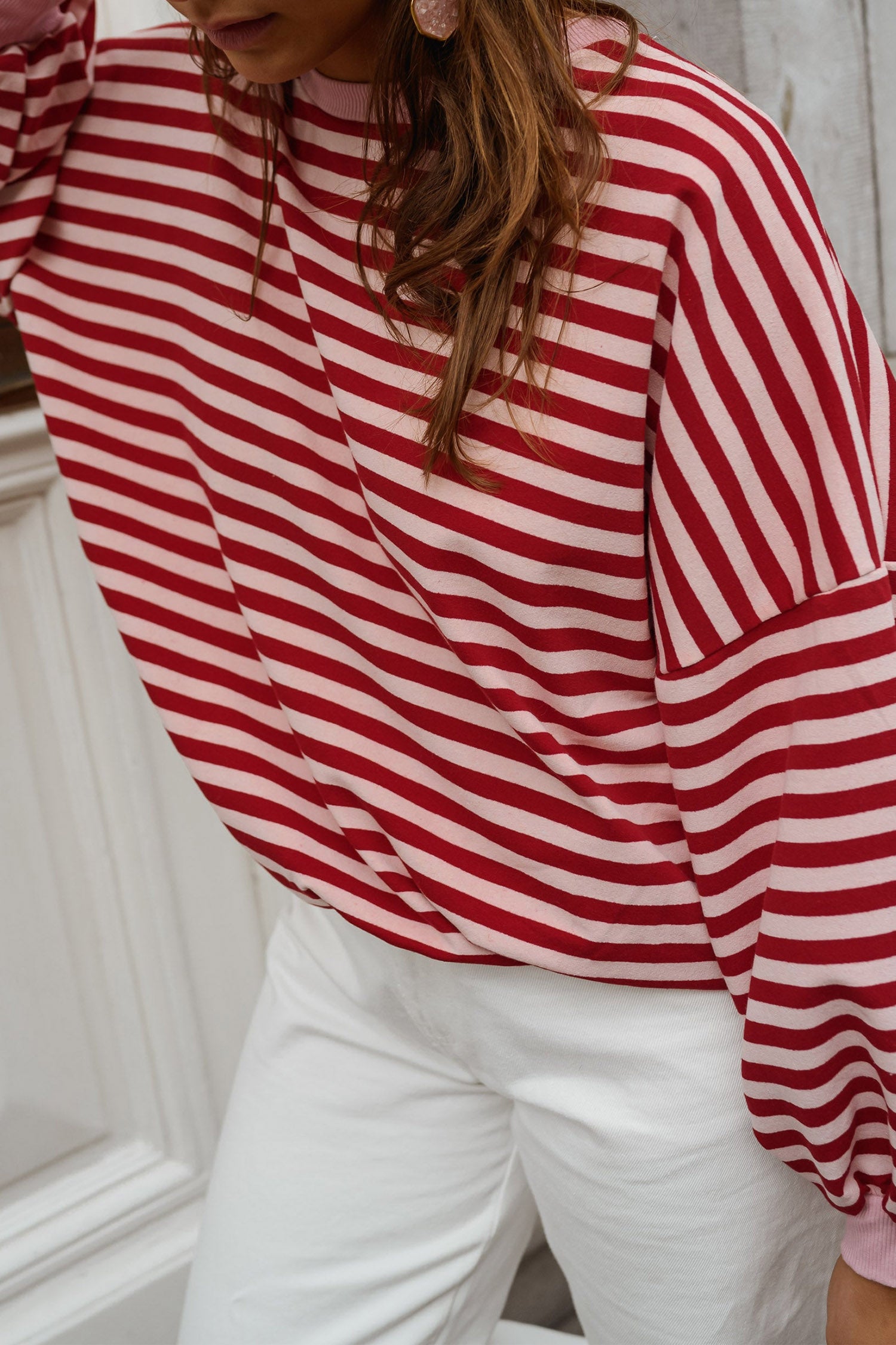 Cutout Open Back Long Sleeve Loose Top – Red Stripe
