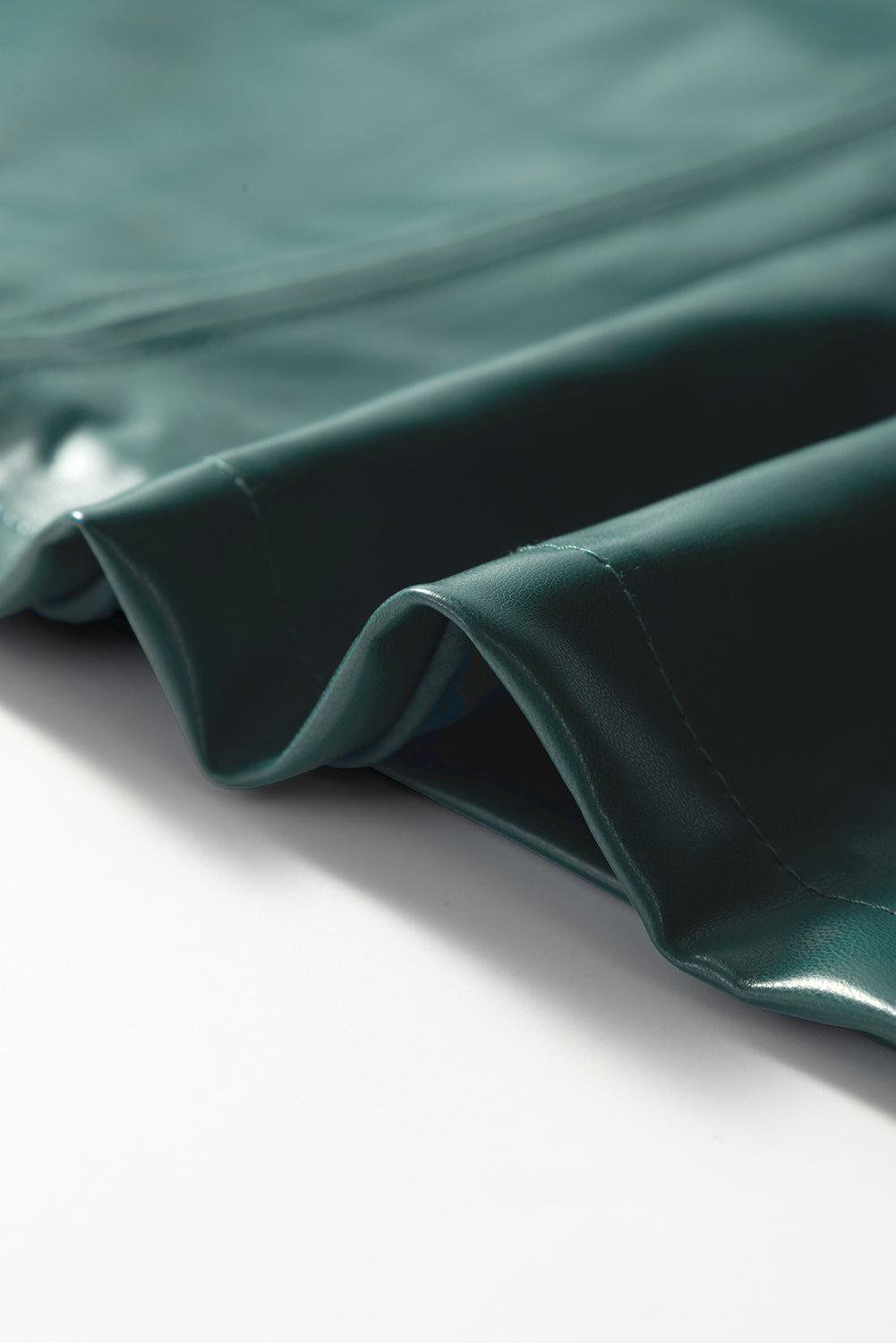 Sea Green Notched V Neck Short Puff Sleeve PU Leather Blouse eAura