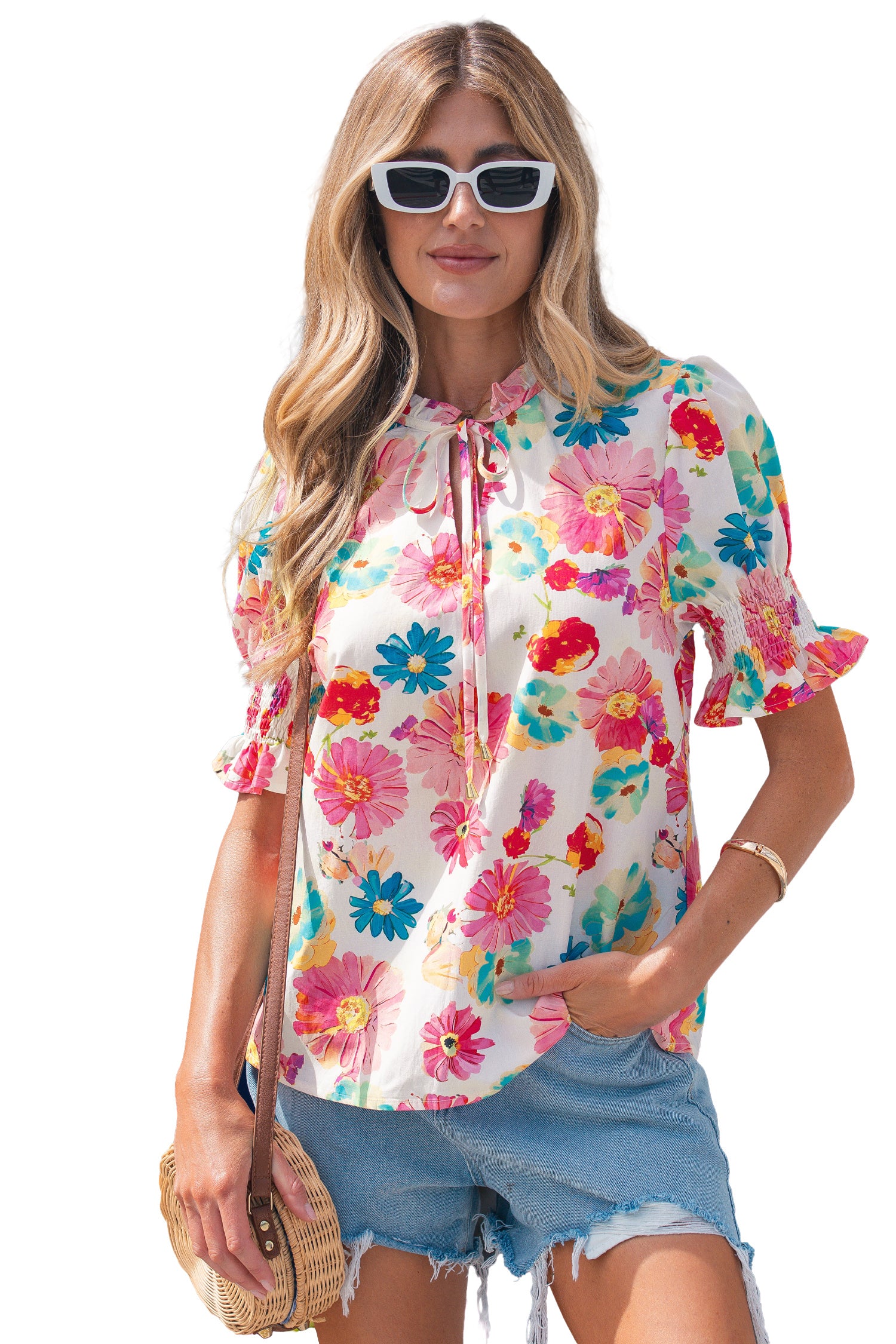 Vibrant Summer Floral Tie V-Neck Short Puff Sleeve Blouse