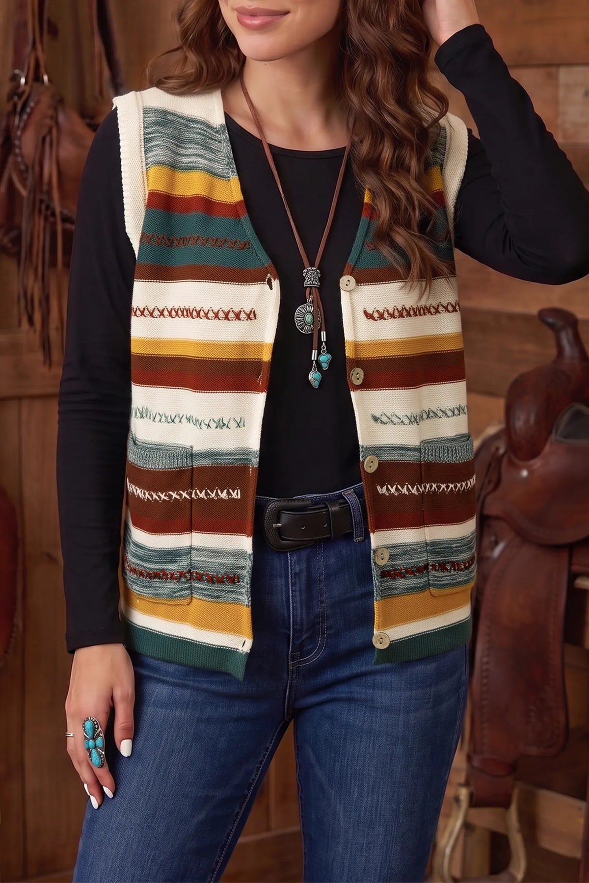 Striped Button Front Sleeveless Knit Regular Fit Sweater Vest – Multicolour