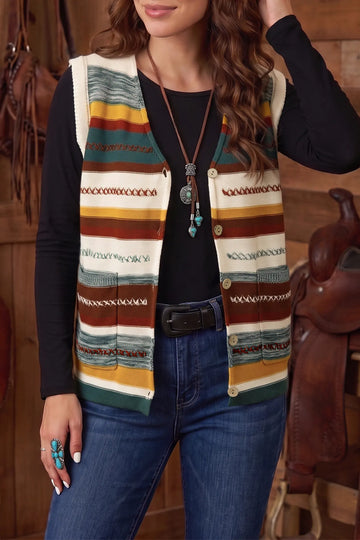 Striped Button Front Sleeveless Knit Regular Fit Sweater Vest – Multicolour